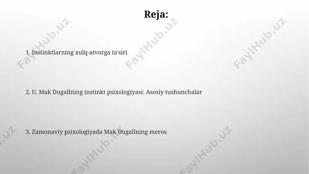 iya ongsiz motivatsiyalarni, shu jumladan oziq-ovqatga, ijtimoiy aloqaga bo'lgan ehtiyoj kabi 7 ta asosiy instinktiv ehtiyojni o'rganadi. jinsiy instinkt va uning ahamiyati u. mak dugallning nazariyasiga ko'ra, jinsiy instinkt hayvonlar dunyosida ham, insonlarda ham o'ziga xos xususiyatlarga ega bo'lib, 7 ta asosiy instinktlar ichida muhim o'rin tutadi. jinsiy instinktning ijtimoiy-madaniy me'yorlarga moslashuvi, uning ifodasining turli xil shakllarini o'z ichiga oladi va jamiyatning rivojlanishiga 2 ta asosiy omil sifatida ta'sir ko'rsatadi. instinkt tushunchasi va uning ta'rifi mak dugallning instinkt nazariyasi inson xulq-atvorini tushuntirishda biologik omillarga katta ahamiyat beradi va ularni 2 ga bo'lish mumkin: muhim va kam muhim instinktlar. instinktlar, mak dugall ta'kidlashicha, organizmning irsiyatdan olingan va o'z-o'zidan paydo bo'ladigan murakkab refleks faoliyatlari boʻlib, 7 ta asosiy his-tuygʻular bilan bogʻliq. instinkt psixologiyasining zamonaviy talqini instinkt psixologiyaning zamonaviy talqini, 20-asrning oxiri va 21-asr boshlarida kognitiv psixologiya bilan integratsiyalashgan holda, instinktiv xatti-harakatlarni neyrobiologik asoslarini chuqurroq tushunishga olib keldi. genetika va atrof-muhit o'zaro ta'siri …
