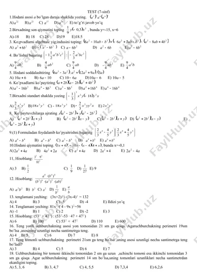 matematika sinov (7-sinf) — DOC
