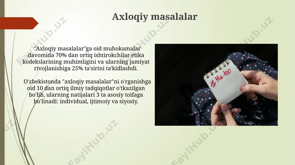kontekst ijtimoiy munosabatlarning 3 ta asosiy turiga, ya'ni oilaviy, jamoaviy va davlat munosabatlariga ta'sir ko'rsatadi va ularning 10 dan ortiq an'anaviy qadriyatlarini aks ettiradi. madaniy kontekstni o'rganishda semiotika, antropologiya kabi 2 ta asosiy fanlardan foydalaniladi va ularning nazariy asoslari madaniy kodlarni tushunishga yordam beradi. stil va ohang "stil va ohang" atamasi adabiyotshunoslikda 20 dan ortiq turdagi tahliliy usullarni o'z ichiga oladi, ularning 5tasi asosiy hisoblanadi va matnning emotsional ta'sirini aniqlashda muhim rol o'ynaydi. "stil va ohang" badiy asarning janri, maqsadi va muallifning shaxsiy uslubi bilan chambarchas bog'liq bo'lib, uning 3ta asosiy komponentini – leksika, sintaksis va semantikaga ta'sir ko'rsatadi. e'tiboringiz uchun rahmat @taqdimot_robot image1.jpg image2.jpg image3.jpg image4.jpg image5.jpg image6.jpg image7.jpg image8.jpg image9.jpg image10.jpg image11.jpg image12.jpg image13.jpg image14.jpg image15.jpg image16.jpg image17.jpg