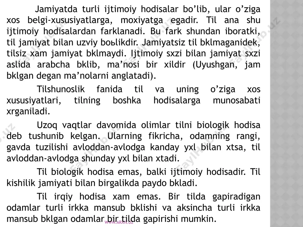 ing munosabati ayniksa, ichki nutqda yakkol kxrinadi. til va nutqning xzaro munosabatiga kelsak, til jamiyatning umumiy potentsial aloka vositasi bklsa, nutq tilning bevosita tatbiki, yashashidir. tilning tovush tomoni, sxz va gap tomoni birlashsa, nutq xosil bkladi, tilning bu uch elementi asosiy element bklib, nafakat nutqda reallashadi. nutq yxk vaktda ular xotirada saklanadi. til bilan nutq orasida dialektik munosabat shundan iboratki, nutq faoliyati natijasida nutq shakllanadi. nutq elementlardan tuziladi, til elementlariga ajraladi, til elementlari yana nutq faoliyati uchun xizmat kiladi. www.arxiv.uz til birikmalari (so’z va gaplar) tafakkur protsessida bevosita ishtirok etadi. odam fakat nutq jarayonida sxzlardan foydalanib kolmaydi. til bilan tafakkurning munosabati ayniksa, ichki nutqda yakkol kxrinadi. til va nutqning xzaro munosabatiga kelsak, til jamiyatning umumiy potentsial aloka vositasi bklsa, nutq tilning bevosita tatbiki, yashashidir. tilning tovush tomoni, sxz va gap tomoni birlashsa, nutq xosil bkladi, tilning bu uch elementi asosiy element bklib, nafakat nutqda reallashadi. nutq yo’q vaqtda ular xotirada …