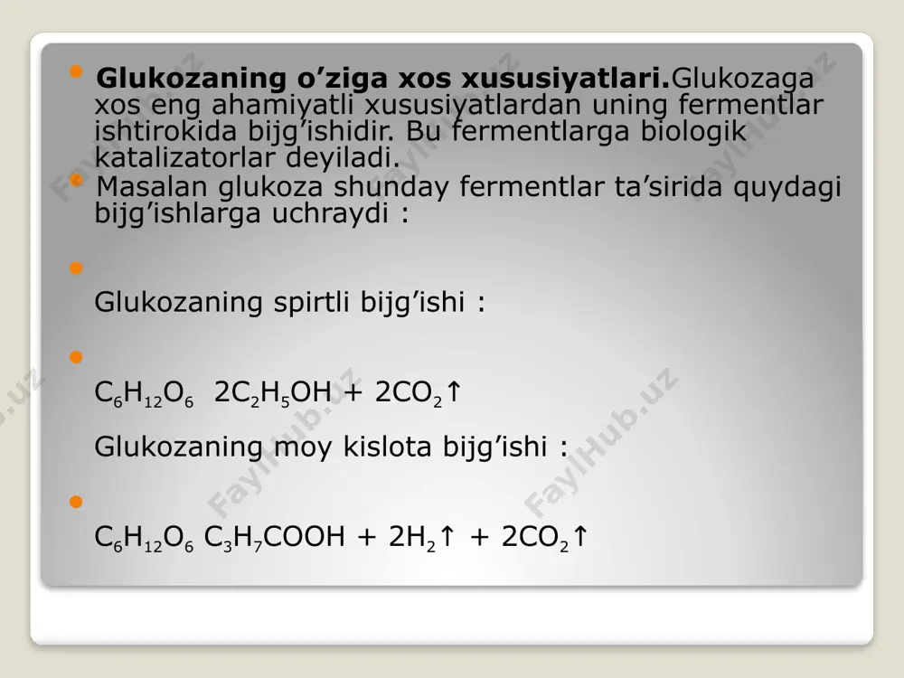 q xoʻjaligiga zarur mahsulotlar — etil va butil spirtlar, sut, moy, propion kislotalar olinadi. qanddan spirt hosil boʻlishida atf va adf asosiy energiya manbai boʻlib xizmat qiladi. spirt, vino, pivo ishlab chiqarishda saccharomyces cerevisia, sacch. vini, sacch. carlsbergens kabi turushlar (achitqilar) ishlatiladi. sut mahsulotlaridan qatiq, pishloq, smetana, tvorog , kefir tayyorlashda str. lactis, str. diacetilactis. bact. casei, bact. acidophilum ishtirok etadi. propion kislota olishda bact. acidi proponici, propionibact. shermani mikroblari qatnashadi. sanoatda pishloq, v12 vitamini olishda ham bakteriyalarning shu turlaridan foydalaniladi. moy kislota olishda clostridium butiricum bakteriyasi, atseton, butil spirt olishda clostidium acetobutylicum bakteriyasi, sirka olishda acetobacter aceti bakteriyasi, limon kislota olishda esa aspergillus niger zamburugʻi ishtirok etadi. b. jarayonidan foydalanib, rom, turli markadagi vinolar, pivo, sut mahsulotlari, non ishlab chiqariladi. glikoliz (yun. clylys — shirin va lysis — parchalanish) — uglevodlar (asosan glyukoza)tt sut kislotasigacha anaerob parchalanish jarayoni; bijgʻishning bir turi. g.da ajralib chiqqan energiya adenozintrifosfat (atf) ning fosfat …