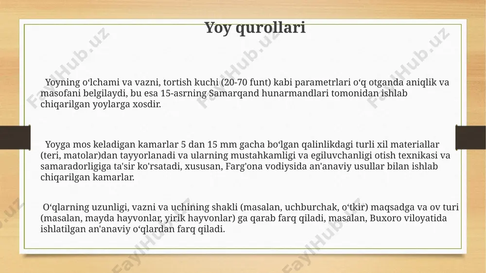 yni va materialiga oid qimmatli maʼlumotlarni taqdim etadi. 13-asrda, moʻgʻuliston hududlarida topilgan arxeologik qazishmalar natijasida 70 dan ortiq oʻq va kamon qoldiqlari, shuningdek, yogʻochdan yasalgan oʻq uchlari topilgan boʻlib, ularning texnologiyasi va shakli haqida maʼlumot beradi. xavfsizlik choralari ўқ отиш пайтида 50 метр радиусидаги ҳудудни бошқа шахслардан холи қилиш ва хавфсизлик зонасини белгилаш, шунингдек, ўзбекистон республикасининг тегишли қонун ҳужжатларига риоя этиш зарур. нисбатан кучсиз 5-7 фунтлик лук ёки кам ҳаракатланувчи нишонлар билан машғулотларда ҳам кўзойнак ва қўлқоплардан фойдаланиш, жароҳатлардан 100% ҳимоя қилмасада, хавф даражасини сезиларли даражада камайтиради. ўқларни сақлаш ва ташишда 10 дан кам бўлмаган алоҳида қутичаларда сақлаш, ҳар бир қутичага 20 дан ортиқ ўқ жойлаштирмаслик ва уларни тошкент шаҳри каби йирик аҳоли пунктларидан ташқарида сақлаш тавсия этилади. texnik xizmat ko'rsatish andijon viloyatidagi "texnik xizmat ko'rsatish" ustaxonasi 15 yildan ortiq tajribaga ega bo'lib, yoylarning 70% dan ortig'ini 2 kun ichida ta'mirlaydi va optik moslamalarni kalibrlash xizmatlarini taqdim etadi. "texnik xizmat …