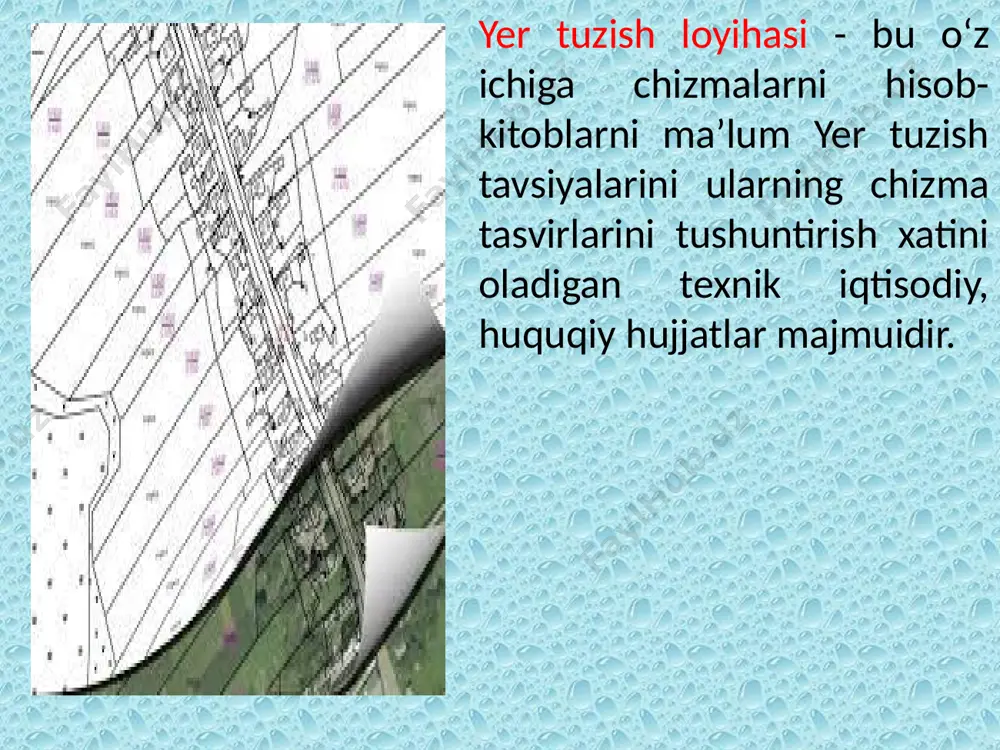 icha ishlarni tayyorlash; respublika yer resurslarini tarmoqlararo taqsimlashni bir maromga solish. savollar. yer tuzish tizimiga nimalar kiradi. yer tuzish loyihasi nima asosida na qanday maqsadda tuziladi. yer tuzish loyihasi tar-kibiga nimalar kiradi va uni tuzishda qanday asosiy tamoyillarga amal qilinadi? yer tuzish jarayoni tar-kibiga nimalar kiradi? yer tuzishda mualliflik nazorati qanday amalga oshiriladi? yer tuzish tashkilotlarini organlarini sanab o‘ting? image2.png image3.jpeg image4.jpeg image5.jpeg image1.jpeg /docprops/thumbnail.jpeg