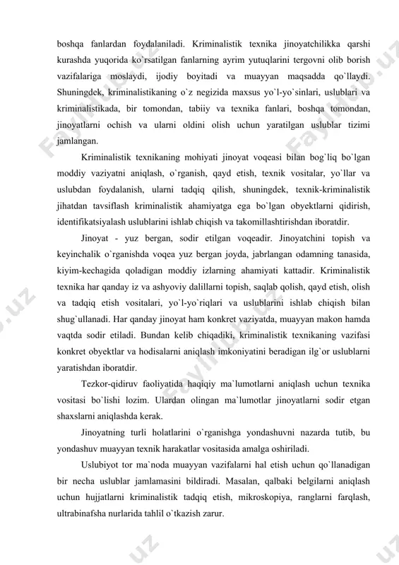 ika vositasi bo`lishi lozim. ulardan olingan ma`lumotlar jinoyatlarni sodir etgan shaxslarni aniqlashda kerak. jinoyatning turli holatlarini o`rganishga yondashuvni nazarda tutib, bu yondashuv muayyan texnik harakatlar vositasida amalga oshiriladi. uslubiyot tor ma`noda muayyan vazifalarni hal etish uchun qo`llanadigan bir necha uslublar jamlamasini bildiradi. masalan, qalbaki belgilarni aniqlash uchun hujjatlarni kriminalistik tadqiq etish, mikroskopiya, ranglarni farqlash, ultrabinafsha nurlarida tahlil o`tkazish zarur. kriminalistik texnika vositalari jinoyatlarning oldini olishga, voqea sodir bo`lgan joydagi vaziyatni aniq ifodalashga, tergov harakatlarini o`tkazish va natijalarini qayd etishga, ashyoviy dalillarni to`plash, ko`zdan kechirish va tadqiq qilishga qaratilgan. kriminalistik texnika vositalarini qo`llash taktikasi, deyilganda tergov oldiga ko`yilgan masalalarni hal etishga erishish maqsadida ayrim tergov harakatlarini o`tkazish vaqtida ana shu vositalardan oqilona va samarali foydalanish tushuniladi. kriminalistik texnika bir qator tarmoqlarni tashkil etadi: kriminalistik fotografiya, video va ovoz yozish, kinoga olish vositalari shular jumlasiga kiradi. ular kriminalistika kursining boshqa taktika va uslublari bilan bog`liq. bu tarmoqlar jinoyat izlarining hosil bo`lish mexanizmini …