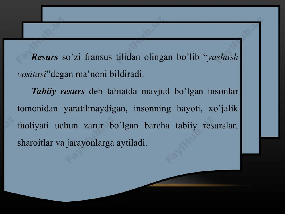 , mis - 66 yilda, surma va simob zaxiralari 70 yilda neft, gaz va ko’mir zaxiralari esa 150 yilda tugab qolishi mumkin. shuning uchun ko’pgina rivojlangan mamlakatlar (yaponiya, angliya, germaniya, italiya, gollandiya, belgiya va boshqa mamlakatlar) da xom-ashyo va yer osti boyliklarining yetishmasligi tufayli ikkilamchi chiqindilarni qayta ishlab, boshqa mamlakatlaming boyliklaridan foydalanmoqdalar respublikamizning tabiiy resuslarining ko’rsatgichlari o’zbekiston o’z er osti boyliklari bilan xaqli suratda faxrlanadi-bu erda mashhur mendeleev davriy sistemasining barcha elementlari topilgan. hozirga qadar 2,7 mingdan zild turli foydali qazilma konlari va madan namoln bo’lgan istiqbolli joylar aniqlangan. ular 100 ga yaqin mineral - homashlyo turlarini o’z ichiga oladi. shundan 60 dan ortig’i ishlab chiqarishga jalb etilgan. 900 dan ortiq kon qidirib topilgan bo’lib, ularning tasdiqlangan zaxiralari 970 milliard aqsh dollarini tashkil etadi. shu bilan birga, umumiy mineral - xom ashyo potentsial 3,3 trillion aqsh dollaridan ortiq baholanayotganini ham aytib o’tish kerak. g’oyat muhim strategik manbalar - neft va …