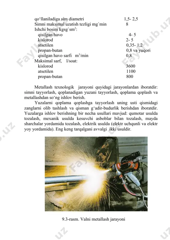dastgohiga o‘rnating. 4. zarur bo‘lgan elеktrod simi diamеtrini tanlang. 5. valni metallash qurilmasi yordamida tashqi yuzasiga metall qoplama qoplang. 6. valni dastgohdan chiqarib oling va mikroskop stoliga qo‘ying va uning strukturasini qoplanmagan metall strukturasi bilan solishtiring. 7. qoplama strukturasi haqida xulosa chiqaring. image1.png image2.png image3.jpeg image4.png