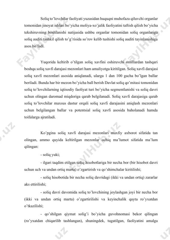 berishlari lozim. bundan tashqari, mamlakatimizda iqtisodiy barqarorlikni yanada oshirish maqsadida tadbirkorlik sub’ektlari faoliyatini rivojlantirishga qaratilgan chora-tadbirlarning navbatdagi imkoniyatlari sifatida soliq siyosatida quyidagi o’zgarishlarni eslatib o’tamiz, ya’ni 2022 yil 22 avgust kuni o’tkazilgan o’zbekiston respublikasi prezidentining tadbirkorlar bilan ochiq muloqoti doirasida belgilangan ustuvor vazifalar ijrosini ta’minlash, shuningdek, tadbirkorlik sub’ektlari faoliyatiga asossiz aralashuvlarning oldini olish, nazorat qiluvchi organlarning mas’uliyatini oshirish va faoliyati ochiqligini ta’minlash maqsadida, prezidentning 2022 yil 13 sentyabrdagi “tadbirkorlik sub’ektlari faoliyatida tekshiruvlar o’tkazishni muvofiqlashtirish tartibini takomillashtirish chora-tadbirlari to’g’risida”gi qarori qabul qilindi. qaror asosida quyidagi o’zgartirishlar kiritilmoqda: · 2022 yil 1 noyabrdan boshlab tadbirkorlik sub’ektlari faoliyatida o’tkaziladigan barcha tekshiruvlar “yagona davlat nazorati” axborot tizimida ro’yxatga olinadi. bunda tadbirkorlik sub’ektlari faoliyatida mazkur tizimda ro’yxatga olinmagan tekshiruvlarni o’tkazish noqonuniy hisoblanadi. tadbirkorlik sub’ektlari faoliyatida o’tkazilgan tekshiruvlarning natijalari hamda profilaktika tadbirlari to’g’risida ma’lumot tekshiruv yoki profilaktika tadbirlari tugagan kundan boshlab uch kun muddatda “yagona davlat nazorati” axborot tizimiga kiritiladi. · nazorat qiluvchi organlar “xavfni tahlil …