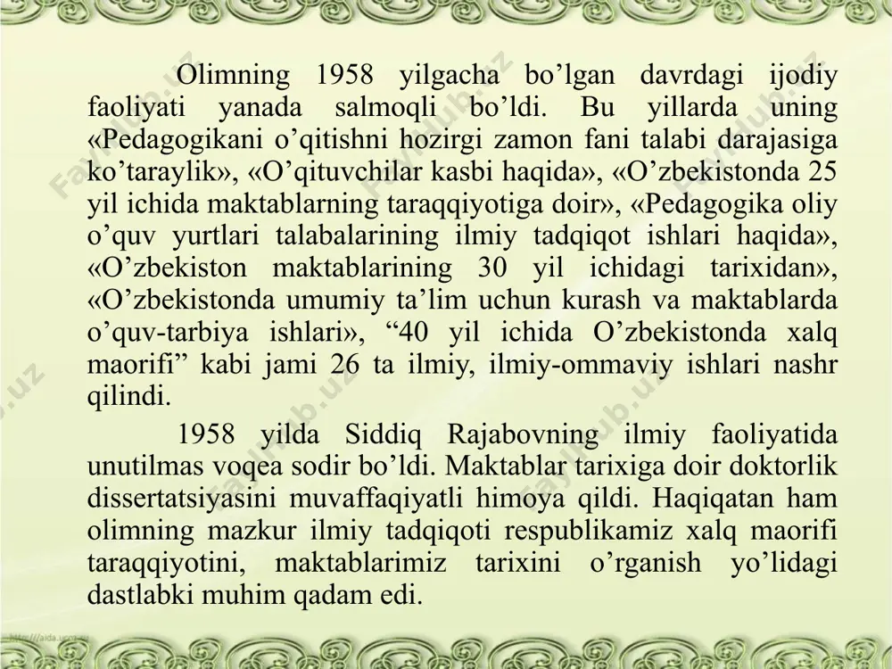 aviya va malakasiga boqliq bo’lsa kerak. bu maktabda rus tili, butun sonlar bilan to’rt amal doirasida arifmetikadan, tarixdan, geografiyadan (asosan rossiya geografiyasidan) va tabiiyotdan boshlang’ich ma’lumot berilar edi, shu bilan birga “mahalliy (o’zbekcha) savod” va islom dinining asoslari ham o’qitilar edi. qori-niyoziy axloqiy, jismoniy tarbiyaga, mehnat tarbiyasiga doir qoyalari, o’tkir fikr-mulohazalari va chiqargan aniq xulosalari uning risolalarida bayon qilingan. u, masalan, “aql-idrokka suyanib”, “orzu va saviya”, “har bir yomonlikda bir yaxshilik bor”, “tabiatdan bir parcha”, “ham yurak, ham aql-idrok amricha”, “xushomad va hurmat”, “fan va ong”, “baxt va mehnat”, “g’arazsiz sodiq do’st” va boshqa asarlarida barkamol insnlarni voyaga yetkazish masalalarini tahlil qilgan. olim fanning afzalliklarini va inson hayoti uchun zarurligini quyidagicha ta’riflaydi: “fan minglab, o’n minglab, hatto yuz minglab yillar mobaynida zarrama-zarra, tomchilab vujudga kelgan va xalq xizmatiga qaratilgandir. fanni egallagan insonning ongi va vijdoni pokligi, tili va di-lining birligi uning ma’naviy shaxs ekanligidan dalolat beradi. olimning fikricha, axloqiylik ong …