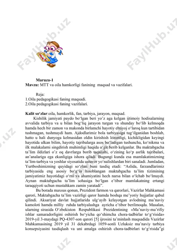 rziyoyev rahbarligida 2017 yil 16-avgust kuni bo‘lib o‘tgan yig‘ilishda maktabgacha ta’lim tizimini tarkibiy jihatdan tubdan isloh qilish, mazkurtashkilotlarga bolalarni to‘la qamrab olish bo‘yicha muhim vazifalar qo‘yilgan edi. bu boradagi tahlillar natijasida qisqa vaqtda uchta yirik hujjat — o‘zbekiston respublikasi prezidentining 9-sentabrdagi “maktabgacha ta’lim tizimini tubdan takomillashtirish chora-tadbirlari to‘g‘risida”gi pq-3261-sonli qarori, 30-sentabrdagi “maktabgacha ta’lim tizimi boshqaruvini tubdan takomillashtirish chora-tadbirlari to‘g‘risida”gi pf-5198-sonli farmoni hamda “o‘zbekiston respublikasi maktabgacha ta’lim vazirligi - faoliyatini tashkil etish to‘g‘risida”gi pq-3305-sonli qarori imzolangan. mazkur sohani takomillashtirish maqsadida qabul qilingan dasturda maktabgacha ta’lim sohasi o’z luksiz ta’lim tizimining birlamchi bo‘g‘ini sifatida, bu jarayonda maktabgacha ta’lim tashkilotlarining bolalar huquqiy savodxonligini shakllantirishdagi o‘rni hamda, respublikada ta’lim-tarbiya tizimi va barkamol avlodni tarbiyalash davlat siyosatining asosiy ustuvor yo‘nalishi ekanligi ta’kidlangan. o‘zbekiston respublikasi prezidenti 2016 yil 29-dekabrdagi “2017-2021 yillarda maktabgacha ta’lim tiziminiyanada takomillashtirish chora- tadbirlari to‘g‘risida”gi pq-2707-sonli qarorda belgilangan vazifalarni amalga oshirish jarayonida o‘zbekiston respublikasi konstitutsiyasi, bola huquqlariga oid meyoriy-huquqiy hujjatlar asosida ta’lim sohasida …