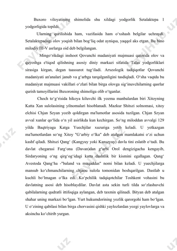 edi. ko‘pchilik tadqiqotchilar toshkent vohasini bu davlatning asosi deb hisoblaydilar. davlat asta sekin turli tilda so‘zlashuvchi qabilalarning qudratli ittifoqiga aylangan, deb taxmin qilinadi. bityan deb atalgan shahar uning markazi bo‘lgan. yurt hukumdorining yozlik qarorgohi ham bo‘lgan. u o‘zining qabilasi bilan birga chorvasini qishki yaylozlardan yozgi yaylovlarga va aksincha ko‘chirib yurgan. xitoy manbalari qang‘ni ko‘chmanchilar o‘lkasi deyish bilan birga kang‘liklarning turmush tarzi boshqa bir o‘lka yansay aholisi turmushiga o‘xshashligini aytib, lekin ular "loy devorlar ichida yashaydilar" deb ta'kidlaydi. bu bilan qang‘ (kangyuy)da ham shahar va manzilgohlar mavjudligini isbotlash mumkin. qang‘ (kangyuy)ga 5ta kichik mulklik suse, fumu, gi, yuegyan va yuni bo‘ysungan. tadqiqotchilar bu mulklar o‘rta osiyoning markaziy mintaqasidagi xorazm, buxoro, samarqand va qashqadaryo singari dehqonchilik va shahar madaniyati vohalari bo‘lishi mumkin, deb hisoblaydilar. yuni mulkligiga toshkent vohasi kirgan bo‘lib, uning markazi toshkent shahri bo‘lgan. tadkiqotchilar (yu.f. buryakov) uni xitoy manbalaridagi miloddan avvalgi iii-ii asrlardagi qadimiy yuni bo‘lib, kadimgi mualliflar ma'lumotlari bo‘yicha, …