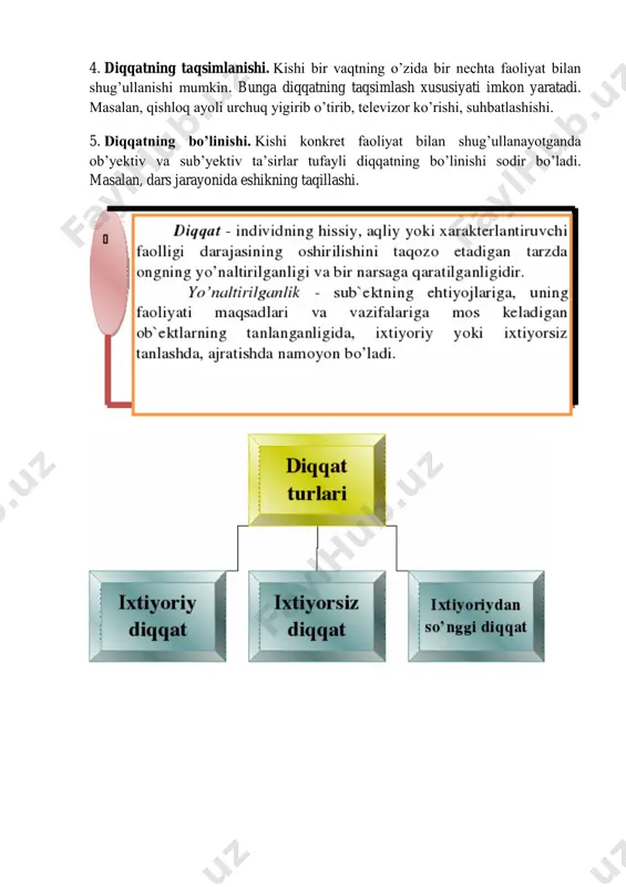 t to’plab tura olish xususiyati. 2. diqqatning beqarorligi barqarorlikning aksi. masalan, boshlang’ich sinf o’quvchilari. 3. diqqatning ko’chishi. diqqat ko’chuvchanlik xususiyatiga ega. kishining bir faoliyatdan ikkinchi faoliyatga o’tishini ko’chuvchanlik xususiyati ta’minlaydi. masalan, birinchi dars matematika, ikkinchi dars adabiyot. http://www.azkurs.org/respublikasi.html 4. diqqatning taqsimlanishi. kishi bir vaqtning o’zida bir nechta faoliyat bilan shug’ullanishi mumkin. bunga diqqatning taqsimlash xususiyati imkon yaratadi. masalan, qishloq ayoli urchuq yigirib o’tirib, televizor ko’rishi, suhbatlashishi. 5. diqqatning bo’linishi. kishi konkret faoliyat bilan shug’ullanayotganda ob’yektiv va sub’yektiv ta’sirlar tufayli diqqatning bo’linishi sodir bo’ladi. masalan, dars jarayonida eshikning taqillashi. sezgi a'zolari tashqi olamning kishi ongiga kirib keladigan yagona yo'lidir. sezgi a'zolari kishiga tevarak-atrofdagi olamda mo'ljal olish imkonini beradi. agar kishi barcha sezgi a'zolaridan mahrum bo'lsa, u o'zining atrofida nimalar sodir bo'layotganligini bilishdan mahrum bo'ladi. bu esa inson hayoti uchun juda katta qiyinchiliklar va muammolarni keltirib chiqaradi. sezgi deb tashqi olamdagi narsa va hodisalarning bevosita sezgi a'zolariga ta'siri tufayli yuzaga keladigan aks …