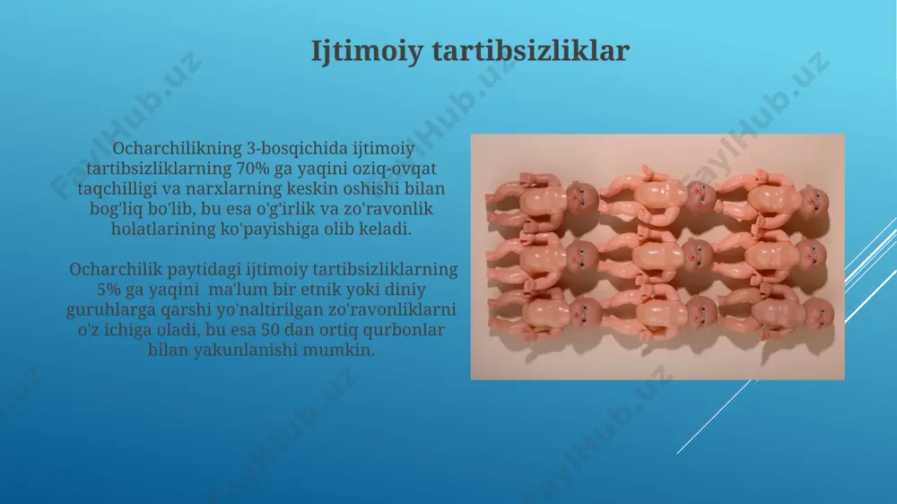 lliklar bilan bog'liq holda, muhim diagnostik belgidir. qutqaruv va tiklash ishlari tiklash jarayonida 200 ta qishloq xo'jaligi kooperativlari qayta tiklandi va 1000 dan ortiq dehqonlarga yangi urug'lar taqdim etildi. suv ta'minoti tizimlarini tiklash bo'yicha amalga oshirilgan ishlar natijasida 3 million kishi toza suvga ega bo'ldi, bu kasalliklar sonini 25% ga kamaytirdi. uzoq muddatli oqibatlar ocharchilikdan keyingi davrda immunitet tizimi zaiflashadi, natijada yuqumli kasalliklar xavfi 3-4 baravar ortadi, bu esa o'lim ko'rsatkichlarini oshiradi. oziq-ovqat tanqisligi tufayli kelib chiqqan anemiya, 20% gacha bo'lgan aholi orasida keng tarqalgan kasallik hisoblanadi va uzoq muddatli sog'liqqa jiddiy xavf tug'diradi. e'tiboringiz uchun rahmat @taqdimot_robot image1.jpg image2.jpg image3.jpg image4.jpg image5.jpg image6.jpg image7.jpg image8.jpg image9.jpg image10.jpg image11.jpg image12.jpg