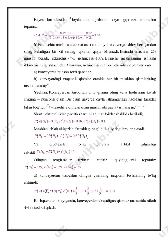 ha ta tajribaning natijalarini aniqlaydi va aksincha. shunday qilib, miqdor tasodifiy tajriba natijasining funksiyasidir va . endi ehtimollik fazosida ehtimollikni aniqlaymiz. barcha ta tajriba о‘zaro bog‘liqsiz va muvaffaqiyat ehtimolligi har bir tajribada bir xil ekanligidan , (1.1) bu yerda son tajribada natijaning ehtimolligidir; . shartga kо‘ra . demak, (1.1) formulaning о‘ng tomonida ga teng kо‘paytuvchilarning soni larning orasidagi birlar lar sonicha, ga teng kо‘paytuvchilarning soni esa larning orasidagi nollar lar sonicha. ya’ni . (1.2) yuqoridagi mulohazalar asosida tasodifiy miqdorning taqsimot qonunini aniqlaymiz: (1.3) (1.2) formulaga kо‘ra (1.3) tenglikning о‘ng tomonidagi har bir qо‘shiluvchi uchun tenglikka ega bо‘lamiz. bu qо‘shiluvchilar soni esa roppa-rosa ta. haqiqatdan ham ta komponentasi lardan va ta komponentasi lardan iborat bо‘lgan о‘lchovli vektorlar soni ga teng. chunki bunday vektorlarning soni ularning komponentalarida ta birlarni joylashtirish orqali aniqlanadi va ma’lumki, birlarning joylari sondagi turli xil usul bilan tanlanishi mumkin. demak, tasodifiy miqdorning taqsimot qonuni . (1.4) nyuton binomi …