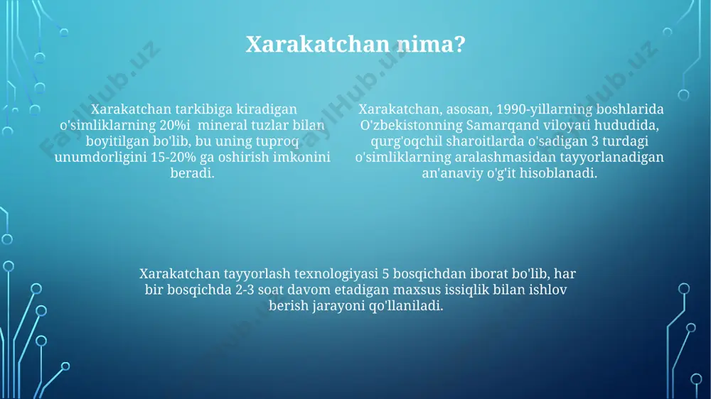 osildorlikni 20% ga oshirishga yordam bergan. kimyoviy reaksiyalarda, 2 mol reaktantdan 1 mol mahsulot hosil bo'lishini ta'minlovchi qisqartirish jarayonlari tezligi, reaksiya harorati va katalizatorlar ta'siriga bog'liq. atrof-muhitga ta'siri andijon viloyatida joylashgan xarakatchanni qayta ishlash zavodi atrofidagi suv havzalarida suvning ifloslanishi darajasi 5-7 barobar oshgan, bu esa 200 ming kishiga ichimlik suvi ta'minotiga salbiy ta'sir ko'rsatadi. xarakatchan qazib olish va qayta ishlash orol dengizi atrofidagi 50 km radiusdagi hududda tuproq eroziyasini 10% ga oshirishi va 30% ga yaqin yerlarning unumdorligini pasaytirishi mumkin. xarakatchan ishlab chiqarish jarayonlari samarqand viloyatida 1500 tonnagacha chang va gaz chiqindilarini atmosferaga chiqarishi mumkin, bu esa havo sifatining yomonlashuviga va 20 km radiusdagi hududda kislotali yomg'irlar xavfini oshiradi. xarakatchanlik darajasi ўзбекистоннинг самарқанд вилоятида амалга оширилган 2022 йилги социологик сўровнома харакатчанлик даражасининг иқтисодий фаоллик билан 70% коррелятсияга эга эканлигини аниқлади. жанубий кореянинг сеул шаҳридаги клиникаларда харакатчанлик даражасини баҳолаш учун 5 баллик шкаладан фойдаланилади ва бунда 1 балл энг паст, …