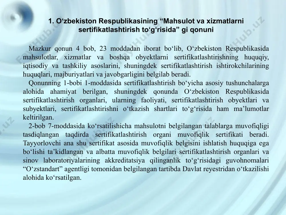 ifikatlashtirish bo‘yicha yangi /ta’minlov-chining imkoniyatlarini sertifikatlashtirish/ tushuncha zaruriyatini tug‘dirmoqda. qo‘llanmaning qayta ishlangan nushasida muvofiqlikni “sertifikatlashtirish” tushunchasi tegishli atamalar guruhiga kiritilgan. muvofiqlik atamasi mahsulot, jarayon, xizmatga belgilangan barcha talablarga rioya qilishni o‘z tarkibiga oladi. bunda muvofiqlikni uchta ko‘rinishi - muvofiqlik bayonoti, muvofiqlikni attestatlash, muvofiqlikni sertifikatlash-tirish belgilaydi. muvofiqlik bayonoti deb yetkazib beruvchining mahsulot, jarayon va xizmatlarning aniq bir standartga yoki boshqa meyoriy hujjatga to‘la-to‘kis muvofiqlik xaqida butun ma’suliyatni o‘z ustiga olganligini bayon etishiga aytiladi. bu atamani so‘nggi vaqtlarda “o‘z-o‘zini sertifikatlashtirish” tushunchasi bilan almashilayotgani qayd qilinmokda. o‘z-o‘zini sertifikatlashtirish deganda mahsulot ishlab chiqaruvchi tomon butun mas’uliyatni o‘ziga olgan holda sertifikatlashtirishni o‘zini o‘tkazadi va mahsulotning kerakli darajada sifatliligi haqidagi kafolatni o‘z ustiga oladi. bunday sertifikatlashtirish faoliyatini o‘z-o‘zini sertifikatlashtirish deb yuritiladi. muvofiqlikni attestatlash uchinchi tomon tarafidan “sinov laboratoriya-sining bayonoti” tushunilib, ma’lum namuna mahsulotga bo‘lgan talablarni belgilovchi ma’lum standartlar yoki boshqa hujjatlar bilan muvofiq ekanligini bayon etishiga aytiladi. sertifikatlashtirish deganda mahsulot /buyum, mol/ yoki xizmat muayyan standartga …