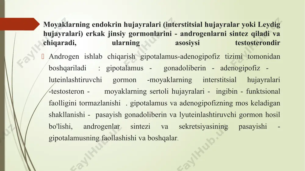 lish. androgenlar bilan bog'liq jinsiy istakning shakllanishi (libido) va juftlashish qobiliyati. bu testosteronning preoptik zonaga ta'sir qilishi bilan bog'liq. gipotalamus (jinsiy xulq-atvor markazi) va orqa miyani osonlashtiradi kopulyatsiya uchun muhim reflekslar. jinsiy farqlash va miya rivojlanishida vaqtinchalik androgen etishmovchiligiga olib keladi keyingi gomoseksual orientatsiyani shakllantirishga anabolik harakat. testosteron oqsil sintezi jarayonlarini faollashtiradi. bu androgenlarning skelet o'sishiga ta'sirida namoyon bo'ladi va mushaklar (suyaklarning uzunligi o'sishi, mushak massasining ko'payishi erkak gipogonadizmi - bu erkak jinsiy bezlarining gormonal etishmovchiligi. uning sabablari quyidagilar bo'lishi mumkin: i. markaziy (disregulyatsiya) buzilishlar - gipotalamusda ganadatrop adenogipofizda luteinlashtiruvchi gormon shakllanishining pasayishi. buning sababi bularning mag'lubiyati bo'lishi mumkin tuzilmalar, shuningdek epifizning giperfunktsiyasi bilan, ularda o'sish melatonin hosil bo'lishi gonadotropik gormonlar sintezini ingibe qilish bilan birga keladi. ii. aslida bezlar kasalliklari: a) kastratsiya - moyaklarni olib tashlash; b) orxit (masalan, parotit) bilan asoratlangan ayrim virusli yuqumli kasalliklardan keyin moyak fibrozisi; v) moyaklar rivojlanishining buzilishi moyaklarni yo'qotgandan so'ng, evnuxizm deb ataladigan …