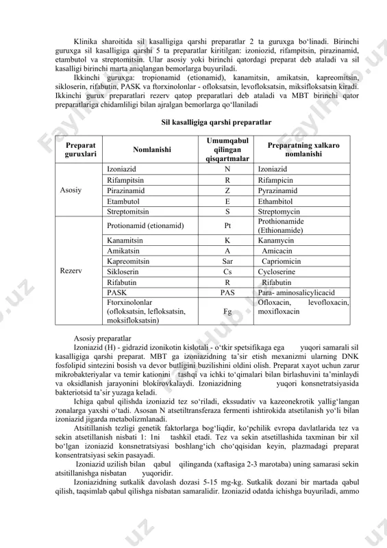 uv fazasi - 4-6 oyni tashkil qiladi (hammasi bo‘lib 6-10 oy). kasallik kechiktirib aniqlangan xolatlarda esa, terapiyaning davomiyligi, odatda, qisman uzaytirilgan bo‘lib, ko‘pincha bir necha yilni tashqil qiladi. sil kasalligi ximioterapiyasining asosiy qoidalaridan biri kombinirlangan turli xil mexanizmli ta’sirga ega bo‘lgan dori vositalarini qo‘llashdir. u biologik faolligi bilan ajralib turuvchi turli to‘qima strukturasi ichki va to‘qimadan tashkari joylashgan mbt ga ta’sirini ta’minlaydi. bitta preparat bilan davolash natijasini xar doim ko‘taruvchi natijaviy bakteriostat va bakteriotsid samara yuzaga keladi. bu xolatlarda mbt yo‘qolishi tezrok amalga oshadi, dori vositalariga chidamlilik kamayadi. bunday taktika davolashning birinchi bosqichida aniqlanganligi shundaki, ko‘zg‘atuvchining sil kasalligiga qarshi preparatlarga sezuvchanligi kasallik birinchi marotaba aniqlangan bemorlarda aniqlanmagan bo‘lib, zarur bakteriologik tekshirishlarni olib borish uchun bir necha xafta zarur bo‘ladi. shu tariqa, erta boshlangan davolash samaralidir. shuning uchun ximioterapiyaga preparatlar kombinatsiyasini qo‘llash bilan kirishiladi va mikrobakteriyalarning ularga bakteriologik sezuvchanligini aniqlashni kutib o‘tirilmaydi. davolashning birinchi bosqichida asosan sil kasalligiga qarshi 4 ta …