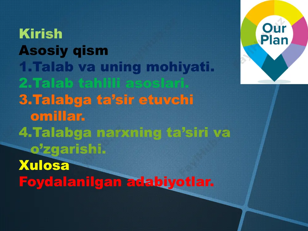 ldik talab tushunchasi to’liq o’rganish “talab va taklif elastikligi” mavzusidagi mavjud barcha formulalarni o’rganish talabga ta’sir etuvchi omillarni o’rganish mavzularda mavjud bo’lgan barcha nazariy tushunchalarni yoritish mavzu bo’yicha qisqacha o’rganilgan adabiyotlar tahlili “talab va taklif tahlili asoslari” mavzusini to’la va to’liq yoritishda ko’blab olimlarning o’z hissasi mavjud. biz asosan o’zbek iqtisodchi olimlari b.t. salimov , sh.i. mustafoqulovlarning darsliklaridan keng foydalandik. xorijiy adabiyotlardan esa, p.m. nureev va v.v. ilyashenkolarning darsliklaridan foydalandik. shuningdek internet sahifalarida mavjud ma’lumotlatlardan ham foydalandik. tadqiqotda qoʼllanilgan uslublarning qisqacha tavsifi. taqdimotni tayyorlashda induktsiya, qiyosiy tahlil va grafik usullaridan foydalanilgan tadqiqot natijalarining nazariy va amaliy ahamiyati. talab va taklif elastikligi tushunchasiga doir qonuniyatlar, funktsional bogʼliqliklarni oʼrganish va ularning mohiyatini anglash bizga kelgusi ilmiy ishlarimizni olib borish va amaliyotda samarali faoliyat yuritishimiz uchun xizmat qilishi mumkin talab-bu eng avvalo biron bir tovar yoki xizmatlarga bo’lgan ehtiyojning bozorda namoyon bo’lishidir. talabning asosi ehtiyoj bo’lar ekan, ehtiyoj bo’lib, talab bo’lmasligi ham mumkin. …