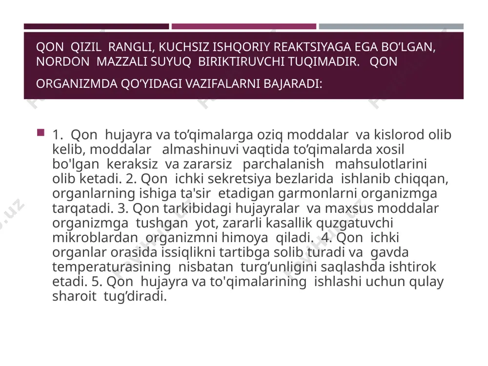 rionning uchunchi oyiga kеlib asosiy qon hosil qiluvchi organlar jigar va taloq ishlay boshlaydi. bola 4 oylik bo`lganda suyaklardan ya'ni naysimon, yassi, qovurg`alar, to`sh hamda umurtqa suyaklarining ko`mik qismidan qon ishlab chiqarila boshlaydi. qonning tarkibi. qon ikki qismdan iborat: qon plazmasi va shaklli elementlardan iborat. qon plazmasi yangi tug`ilgan bolalarda qon umumiy hajmining 50 % ni kattalarda esa 55-60 % ni tashkil qiladi. u qonning suyuq qismi bo'lib, murakkab aralashmadir. uning tarkibida oqsillar, yog`'lar, uglevodlar, mineral tuzlar, garmonlar, fermentlar, antitelalar va erigan holdagi gazlar bo'ladi. eritrositlar qizil qon tanachalari bo`lib, ularning ko`pchilligi ya'ni 85-90 % qonga rang bеruvchi gеmoglabin hosil qiladi. uning diamеtri 7-8 mikron, qalinligi 2,5 mikronga tеng bo`lib, yangi tug`ilgan bolalar qonida eritrotsitlar katta odamlarnikiga nisbatan ancha ko`proq ya'ni 1mm3 qonida o`rtacha 4,5-7,5 mln eritrotsit bo`ladi. yurak-qon tomir sistemasining boshqarilishi va yoshga xos hususiyatlari. bolaning va katta yoshli odamning yuragini organizmdan ajratib olib, oziq moddali va kislorodli eritma …