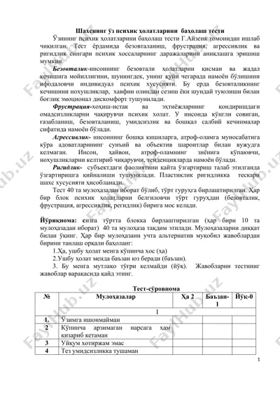 ўз психик ҳолатларини баҳолаш тести — DOC