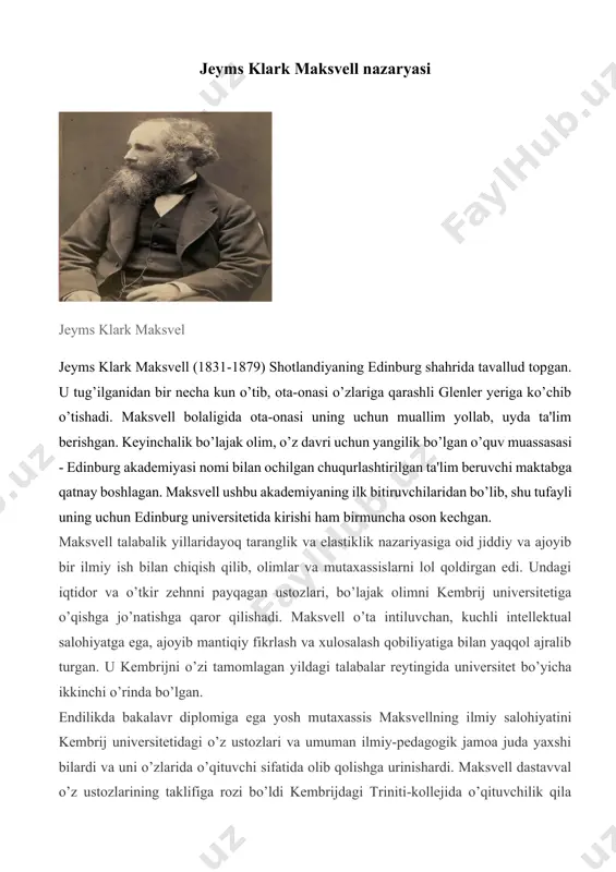 olim 1861-1862 yillarda yozgan bo’lib, "fizik kuch chiziqlari haqida" deb nomlangan. olimning ikkinchi muhim ilmiy ishi esa, yuqorida ham qayd etilgan asar bo’lib, u 1864-1865 yillarda yozib tugatilgan "elektromagnit maydonning dinamik nazariyasi" asaridir. mazkur ilmiy ishlar, xix asr ikkinchi yarmi ilm-fanida tub burilish yasagan eng muhim ilmiy nazariyalardan bo’lib, ushbu ishlar orqali jeyms klark maksvell qandaydir o’n yil ichida yosh mutaxassis o’qituvchilikda, o’z zamonasining eng yirik fizik olimlari qatoriga chiqib bordi. uning elektromagnit maydon nazariyasiga oid izlanishlari fizikaning mazkur yo’nalishida fundamental ishlarga aylandi va termodinamika, statistik fizika, hamda mexanika sohalari bilan bir qatorda, mumtoz fizikaning asoslaridan biriga aylandi. maksvell ilmiy faoliyatining eng cho’qqisi esa, uning "elektr va magnetizm haqida risola" asaridir. unda olim o’zining 1854-yildan boshlab elektromagnetizm sohasida olib borgan, ko’p yillik ilmiy izlanishlari va tajribalarining yakuniy xulosalarini bayon qiladi. shunisi e'tiborga molikki, ushbu "risola'ning muqaddimasini maksvell 1873 yilning 1-fevral sanasi bilan imzolagan. ya'ni, olim o’zining asosiy ilmiy tadqiqoti yuzasidan …