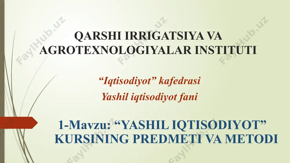 rof-muhit iqtisodiyoti, resurslarga asoslangan iqtisodiyot, aholining rivojlanishi, feminizm iqtisodiyoti kabi yashil siyosat bilan bog‘liq iqtisodiyotni o‘z ichiga oladi. yashil iqtisodiyot bu iqtisodiy tizim bo‘lib, uning asosiy maqsadi sayyoramizning ekologiyasi va uni saqlab qolish bilan birga iqtisodiyotning barcha sohalarini rivojlantirishga qaratilgan. shunday qilib, yashil iqtisodiyot deganda, inson hayoti va sog‘lig‘i uchun zarur bo‘lgan resurslarni, atrof-muhit va ekologiyani bir butun holda saqlab qolib ishlab chiqarish va xizmat ko‘rsatish sohalari bilan bog‘liq iqtisodiyotni yanada rivojlantirishni amalga oshirishga asoslangan iqtisodiy faoliyatning yangi yo‘nalishi tushuniladi. bunda quyidagi tadbirlarni amalga oshirish lozim bo‘ladi. birinchidan, aholining ehtiyojlarini qondirib, ularning farovonligi, yashash darajasi va sifatini oshirish uchun moddiy ne’matlarni yaratishni barqaror ravishda ekologiya va atrof-muhitga zarar yetkazmasdan ko‘paytirib borish lozim. ikkinchidan, ishlab chiqarish va iqtisodiyotni rivojlantirish uchun energiya resurslari kerak bo‘ladi, bularni qayta tiklanadigan energiya manbalari hisobidan ko‘paytirish, jamoat transportini ham elektr quvvati bilan yuradiganlariga almashtirish, energiyani tejaydigan binolarni barpo qilish kabi yo‘nalishlarda ishlarni olib borish. uchinchidan, atrof …