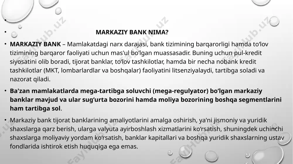30 sentyabrda konstitusiyaga o‘zgartirishlar kiritilgach, o‘zbekiston ssr davlat banki o‘zbekiston respublikasi davlat banki deb, 1992 yil 2 iyulda esa o‘zbekiston respublikasi markaziy banki deb nomlangan. o‘zbekiston markaziy bankining huquqiy maqomi, vazifalari, funksiyalari, vakolatlari, tashkil etish va faoliyat ko‘rsatish tamoyillarini belgilovchi hujjatlari bu o‘zbekiston respublikasi konstitusiyasi (xxv bob, 124-modda), «o‘zbekiston respublikasi markaziy banki to‘g‘risida», «banklar va bank faoliyati to‘g‘risida»gi qonun va boshqa rasmiy qonun hujjatlaridir. o‘zbekiston respublikasi markaziy banki tarkibiga quyidagilar kiradi: markaziy bankning 14 ta hududiy bosh boshqarmalari, shu jumladan o‘n ikkita hududiy bosh boshqarmalar, markaziy bankning toshkent shahri bo‘yicha bosh boshqarmasi va qoraqalpog‘iston respublikasi bo‘yicha asosiy territorial boshqarmasi; 10 ta tasarrufdagi tashkilotlar. «..bugungi kunda bank tizimini isloh qilish, ularga yanada ko‘proq mustaqillik berish, banklarning o‘z aktivlarini va ustav fondini ko‘paytirish, sarmoyalash imkoniyatlarini oshirish muammolariga katta e’tibor berayotganimiz bejiz emas, albatta. nega deganda, bank kapitali orqasida o‘z aktivlarining ko‘payishidan, banklarning samarali ishlashidan, foyda ko‘rishidan manfaatdor bo‘lgan haqiqiy mulkdorlar turishi, ayniqsa, …