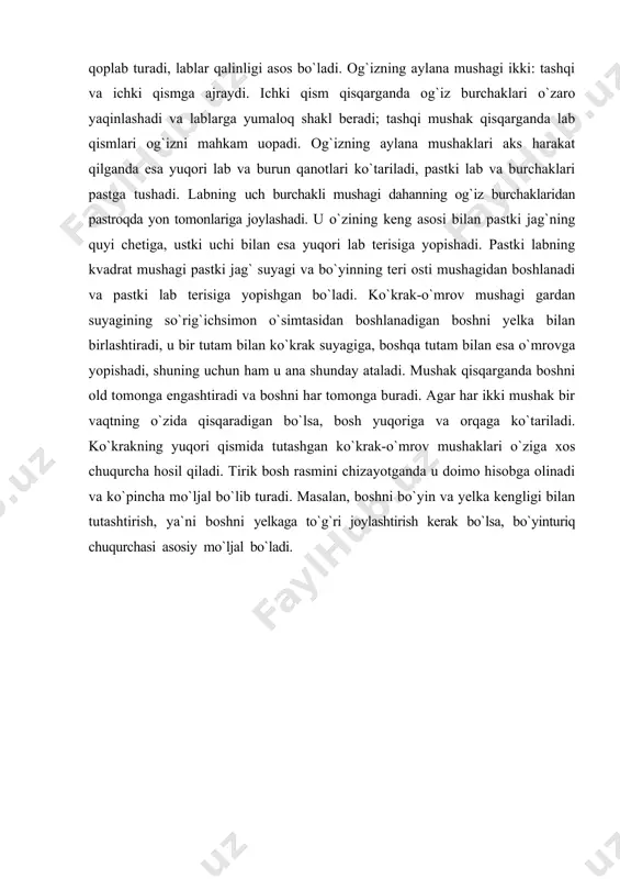 b turadi. masalan, boshni bo`yin va yelka kengligi bilan tutashtirish, ya`ni boshni yelkaga to`g`ri joylashtirish kerak bo`lsa, bo`yinturiq chuqurchasi asosiy mo`ljal bo`ladi. adabiyotlar: 1. baymetov b. “qalamtasvir”. darslik 1-qism. - toshkent, 2006. 2. мuratov х.х. “qalamtasvir”, тоshkent, ijod-print, 2020. 3. xalilov r. рисунок toshkent «navruz» 2013 4. mirziyoev sh.m. tanqidiy tahlil, qat’iy tartib intizom va shxsiy javobgarlik-har bir rahbar faoliyatining kundalik qoidasi bo‘lishi kerak. o‘zbekiston 5. respublikasi vazirlar mahkamasining 2016 yil yakunlari va 2017 yil istiqbollariga bag‘ishlangan majlisidagi o‘zbekiston respublikasi prezidentining nutqi. // halq so‘zi gazetasi. 2017 yil 16 yanvar, № 11 6. mirziyoev sh.m. buyuk kelajagimizni mard va olijanob xalqimiz bilan birga quramiz. toshkent, “o‘zbekiston”, 2017 yil 7. mirziyoev sh.m. qonun ustuvorligi va inson manfaatlarini ta’minlash-yurt taraqqiyoti va xalq faravonligining garovi.toshkent, “o‘zbekiston”, 2017 yil 8. b.boymetov “portret qalamtasviri” pedagogika institutlari va universitetlari talabalari uchun o‘quv qo‘llanma. toshkent, 2001. 9. tojiev b, mahkamova s. “qalamtasvir” (dastlabki saboqlar). metodik qo‘llanma. toshkent, …
