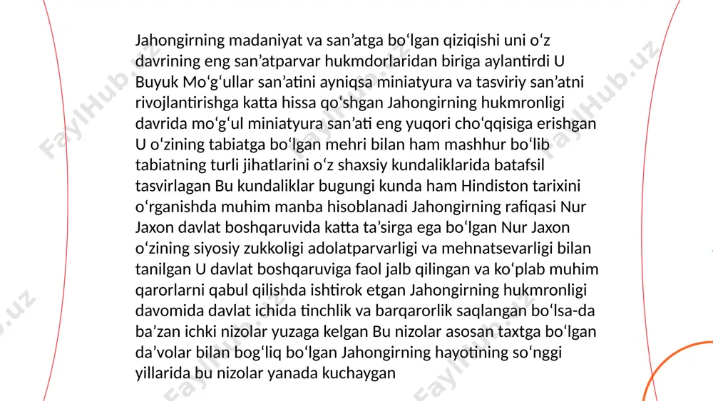nglikka intildi. madaniyat sohasida akbar hindlarning san'ati va arxitekturasini rivojlantirishga katta e'tibor qaratdi va fors, hind va musulmon uslublarini birlashtirgan. ... t.me/slaydai_bot jahongir, hindistonning buyuk mo'g'ullar imperiyasi hukmdori, 1605-1627-yillar orasida hukmronlik qilgan. u akbarning o‘g‘li va shahzoda salim nomi bilan ham tanilgan. jahongirning boshqaruv davri davomida imperiya hududi kengaydi. u san’at va adabiyotni qo‘llab-quvvatladi. jahongir hukumati markaziy davlat tuzumini mustahkamlashga intildi. 1611-yilda angliya bilan savdo shartnomasi tuzilgan. uning hukmdorligi davomida fors shohi abbos i bilan yaxshi aloqalar o‘rnatilgan. 1622-yilda qandahor forsga boy berilgan. jahongirning boshqaruvi davrida imperiya iqtisodiyoti mustahkam bo‘lib qoldi, ammo ichki nizolar va merosxo‘rlik masalalari paydo bo‘ldi. ... t.me/slaydai_bot 10. shoh jahon va uning me’morchilik yutuqlari shoh jahon, boburiylar sulolasining beshinchi hukmdori, 1628-1658 yillarda hindistonni boshqargan. uko'rmakle haqida eng ko'p eslangan me’morchilik yutug'i - toj mahal, 1632-1643 yillarda qurilgan va u shoh jahonning sevimli xotini mumtoz mahal xotirasiga bag'ishlangan. ushbu ajoyib marmart naqshlari bilan jihozlangan maqbara dunyoning etti …