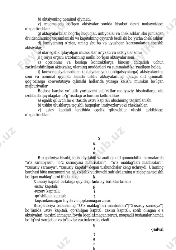 dagi axborotni ochib berish hisoblanadi. xususiy kapital to’g’risidagi hisobotga bo’lgan tushuntirishda xo’jalik yurituvchi sub’ekt xususiy kapitalining qatnashchining chiqib ketishi, aktsiyadorlik jamiyati tomonidan aktsiyalarning sotib olinishi yoki sotib olingan aktsiyalarni bekor qilinishi, aktsiyalar nominal qiymatining pasayishi yoki boshqa sabablarga ko’ra kamayib ketganligi haqidagi ma’lumotlar keltiriladi. hisobotning xususiy kapital to’g’risidagi qismiga oid tushuntirish xati “hisob siyosati va moliyaviy hisobotlar” buxgalteriya hisobi milliy standarti (1-son bhms)da nazarda tutilgan talablarga muvofiq tuziladi. aktsiyadorlik jamiyatlari xususiy kapital to’g’risidagi tushuntirishda quyidagilar haqidagi axborotni keltiradilar: a) obuna amalga oshirilishi nazarda tutiladigan aktsiyalarning umumiy soni va nominal qiymati; b) nazarda tutilgan miqdorlar bilan taqqoslaganda obuna amalga oshirilgan aktsiyalarning umumiy miqdori va nominal qiymati; v) aktsiyalarga obunaning borishi chog’ida olingan mablag’lar umumiy summasi; g) ayrim turlar va toifalar bo’yicha ustav kapitali tarkibidagi aktsiyalar; d) imtiyozli aktsiyalar bo’yicha to’lanmagan jamlangan dividendlar summasi; e) aktsiyalar ko’rinishida to’lanadigan dividendlar, xususan, to’lanadigan aktsiyalarning soni va qiymati, shuningdek, ularning turlari yoki toifalari to’g’risida; j) …
