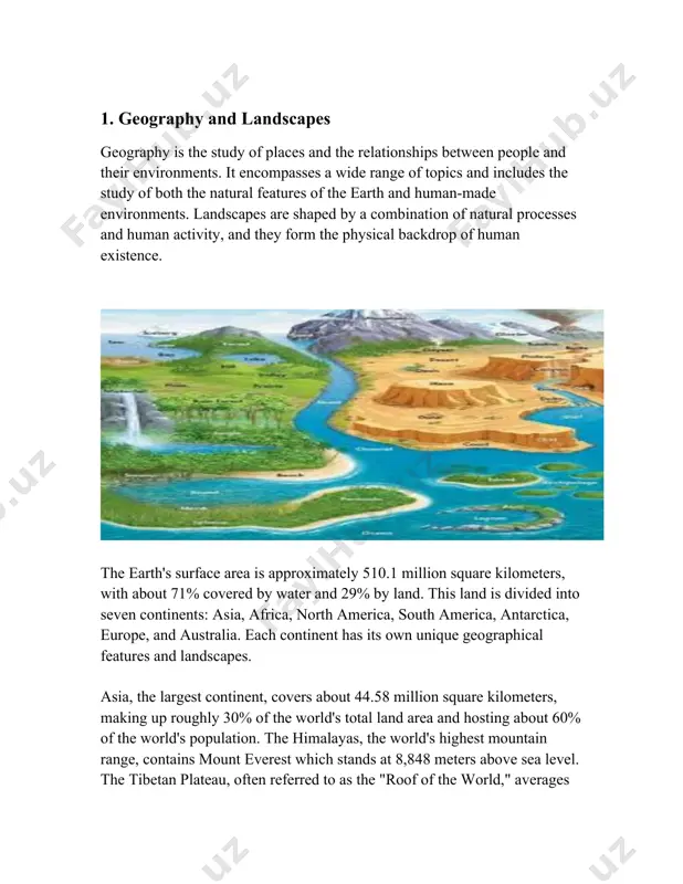 about 70.56 million square kilometers. geographical formations such as volcanoes, geysers, and valleys add to the diversity of landscapes. the ring of fire, a major area in the pacific ocean, is renowned for a large number of active volcanoes and earthquake activity, stretching around 40,000 kilometers. deserts, forests, mountains, plains, plateaus, and rivers contribute to earth’s varied and complex geography, providing distinctive habitats and climates. the grand canyon in the united states, over 1,800 meters deep, illustrates the immense power of erosion. in sum, the geography and landscapes of the earth are intricate and varied, shaped by both natural forces and human intervention, contributing to the rich tapestry of our planet. 2. history and heritage certainly, here is detailed information on the topic of history and heritage: the concept of "history and heritage" encompasses a wide array of subjects including the development of human civilization, cultural heritage, historical events, and …