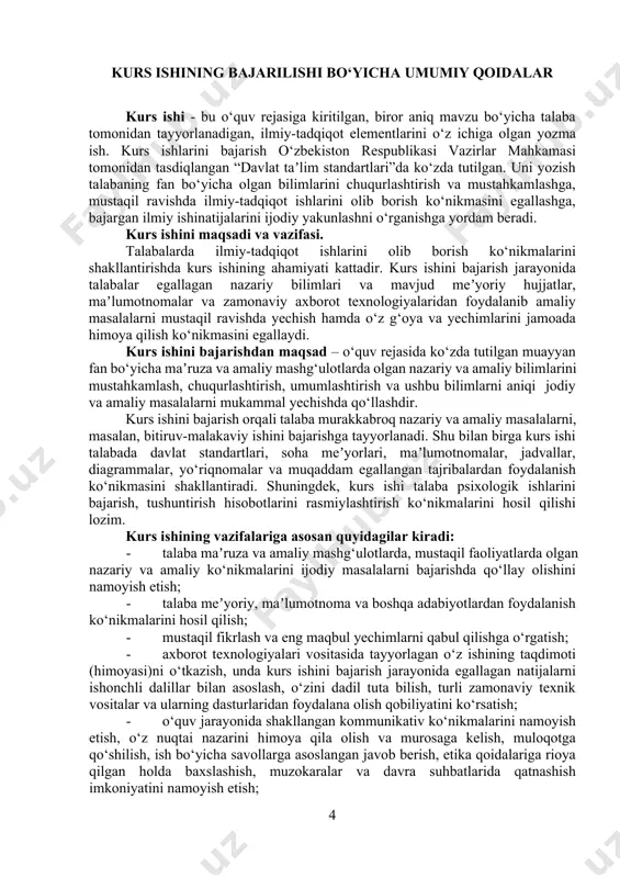 h huquqi beriladi. talaba, ilmiy rahbari bilan kelishgan xolda, kurs ishi mavzulari ruyxatida bo‘lmagan, lekin o‘rganilayotgan fanga bevosita aloqasi bo‘lgan mavzu bo‘yicha ham kurs ishi yozishga ruxsat etiladi. kurs ishini bir necha talabaning bitta mavzudan yozishlariga ruxsat etilmaydi. bundan istisno holda, ilmiy rahbarning ruxsati bilan bir mavzuning turli jihatlarini yoritib beradigan holatlarda bir necha talaba bir mavzuda kurs ishi yozishiga ruxsat beriladi. аlbatta, bunday tanlangan mavzular tegishli kafedrada ro‘yxatdan o‘tkazilishi shart. talaba kurs ishining rejasini, foydalanadigan adabiyotlar ro‘yxatini, mavzu bo‘yicha yig‘iladigan materiallarni yig‘ish usullari, ularni qayta ishlashni va barcha maʼlumotlarni tekshirtirish muddatlarini ilmiy rahbari bilan muvofiqlashtirishi kerak. kurs ishining mazmunini ochib berishga qaratilgan talablar. kurs ishining asosiy qismlarini tartiblashtirish maqsadida ishrejasini bajarilish muddatlarini ko‘rsatib tuzish maqsadga muvofiqdir. kurs ishining ish rejasiga quyidagi bosqichlarni kiritish mumkin: 1) mavzuni tanlash; 2) maxsus adabiyotlarni o‘rganish; 3) kurs ishi rejasini tuzish; 4) ilmiy rahbardan maslahat olish; 5) ishning amaliy tatbiqini o‘rganish; 6) ishning birinchi …