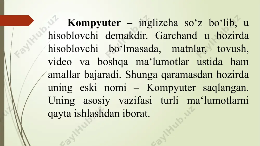 razryadlar soni deganda bir vaqtda qayta ishlanadigan ikkilik razryadlar soni tushiniladi. qurilmalar nazoratchilari (bu kontrolerlar, adapterlar, elektr manbai bilan ta‘minlash bloki). yumshoq disk qurilmasi (fdd-floppy disk driver) qattiq disk qurilmasi (hdd-hard disk driver) faqat o‘qish uchun mo‘ljallangan lazer disk qurilmasi (cd-rom compact disk read only memory), shinalar, modem va boshqa qurilmalardan iborat. sistema blokiga uning parallel (lpt) va ketma-ket (com) portlari orqali ko‘plab tashqi qurilmalarni ulash mumkin. ular mos ravishda lpt1, lpt4 va com1 – com3 deb nomlanadi. odatda lpt portga printer va com portga faks-modem, sichqoncha va boshqa qurilmalar ulanadi. monitor. monitor (displey) kompyuterda matn va grafik ma‘lumotlarni tasvirlash ko‘rish uchun ishlatiladi. monitorlarning har xil ko‘rinishlari mavjud, ya‘ni ular o‘zidan chiqaruvchi past radiatsiyali (lowe radiation) so‘zlarini uchratish mumkin.shuning uchun inson organizimiga tas‘iri juda kam miqdorda bo‘lgan 17-21 dyuymli svga (super video grafic adapter-ya‘ni katta video grafik adapter) monitorlar ishlab chiqarilmoqda. tasvirlash qobiliyati ekranning gorizontal va vertikal nuqtalar soni bilan …