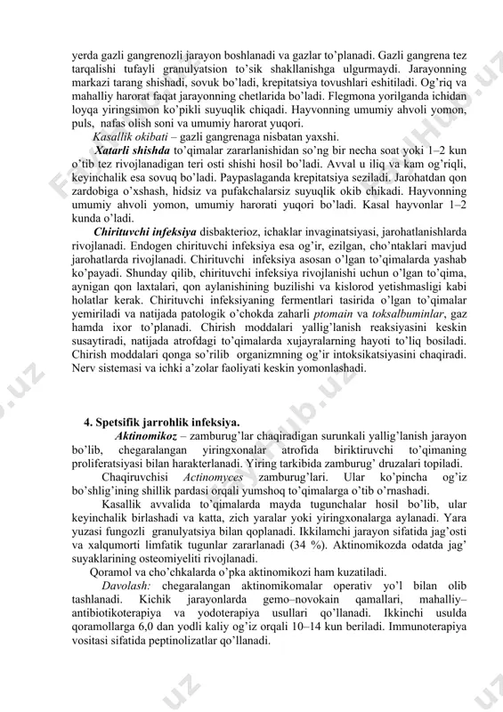 ko’prok ajraladi, hidi va rangi aynigan go’shtnikiga o’xshaydi. kesganda to’qimalar shishgan, sariq – yashil rangda bo’ladi. mushaklar rangi avval pishgan go’shtga uxshaydi, keyinchalik esa koramtir qo’ng’ir rangga kiradi. to’qima parchalari suv yoki 10% osh tuzi eritmasida cho’kmay suzib yuradi. hayvonning umumiy ahvoli juda yomon bo’lib, ovkatni kabo’l qilmaydi. umumiy tana harorati baland, puls aritmik, tez uradi. hayvonning nafas olishi tezlashadi. shilliq pardalar sarg’ish rangga kiradi. qonda eritrotsitlar soni kamaygan, leykopeniya kuzatiladi. eozinofillar va monotsitlar bo’lmaydi. kasallik okibati – gumon yoki yomon. gazli flegmona ko’pincha yirik jarohatlarda bo’ladi. jarayon avval yiringli flegmonaga o’xshaydi, ammo keyinchalik markazida yallig’lanish bostiriladi va u yerda gazli gangrenozli jarayon boshlanadi va gazlar to’planadi. gazli gangrena tez tarqalishi tufayli granulyatsion to’sik shakllanishga ulgurmaydi. jarayonning markazi tarang shishadi, sovuk bo’ladi, krepitatsiya tovushlari eshitiladi. og’riq va mahalliy harorat faqat jarayonning chetlarida bo’ladi. flegmona yorilganda ichidan loyqa yiringsimon ko’pikli suyuqlik chiqadi. hayvonning umumiy ahvoli yomon, puls, nafas olish soni va …