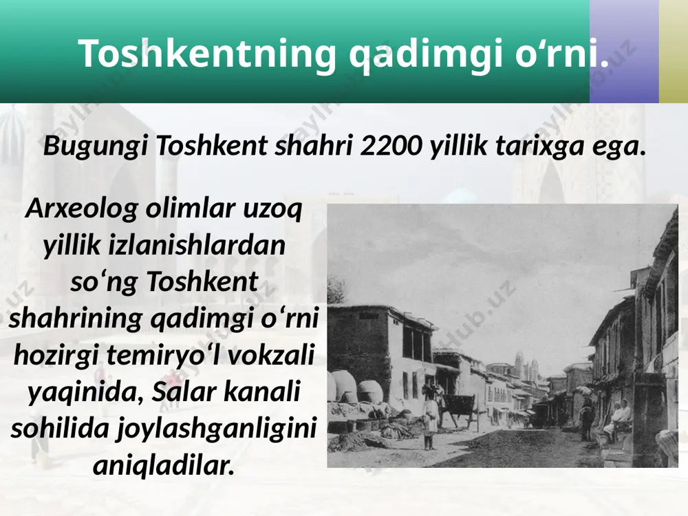 bunyodkorlik ishlari hammamizning ko‘nglimizni faxr va g‘ururga to‘ldirdi. mustaqillik va ezgulik monumenti. poytaxtimizdagi bu o‘zgarishlar mustaqillik sharofati bilan amalga oshirilgan ulkan bunyodkorlik ishlarining natijasidir. «mustaqillik va ezgulik monumenti»ga yo‘l «ezgulik arkasi» dan boshlanadi. uning tepasiga o‘rnatilgan oppoq laylak tinchlik va farovonlikning, qanot qoqayotgan turnalar esa – davlatimiz buyuk kelajak sari parvoz qilayotganligining timsolidir. oliy majlis qonunchilik palatasi binosi shahar markazidagi eng katta xiyobon amir temur nomi bilan atalib, 1993-yilda bu yerda sohibqironga haykal o‘rnatildi. haykal xalqimizga faxr va g‘urur baxsh etib turibdi. savol va topshiriqlar 1. sizningcha olimlar toshkent shahrining 2200 yoshda ekanligini qanday aniqlaganlar? 2. toshkentning o‘tmish tarixi haqida nimalarni bilib oldingiz? 3. «toshkent» atamasi va toshkentning turli davrlarda qanday nomlar bilan atalganligi haqida so‘zlab bering. 4. o‘zbekiston mustaqilligi yillarida toshkent shahrida amalga oshirilgan ulkan bunyodkorlik ishlari haqida nimalarni bilib oldingiz? image2.jpg image3.jpeg image4.jpeg image5.jpeg image6.jpeg image7.jpeg image8.jpeg image9.jpeg image10.jpeg image11.emf image12.jpeg image13.jpeg image14.jpeg image15.jpeg image16.jpeg image17.jpeg image18.jpeg image19.jpeg …
