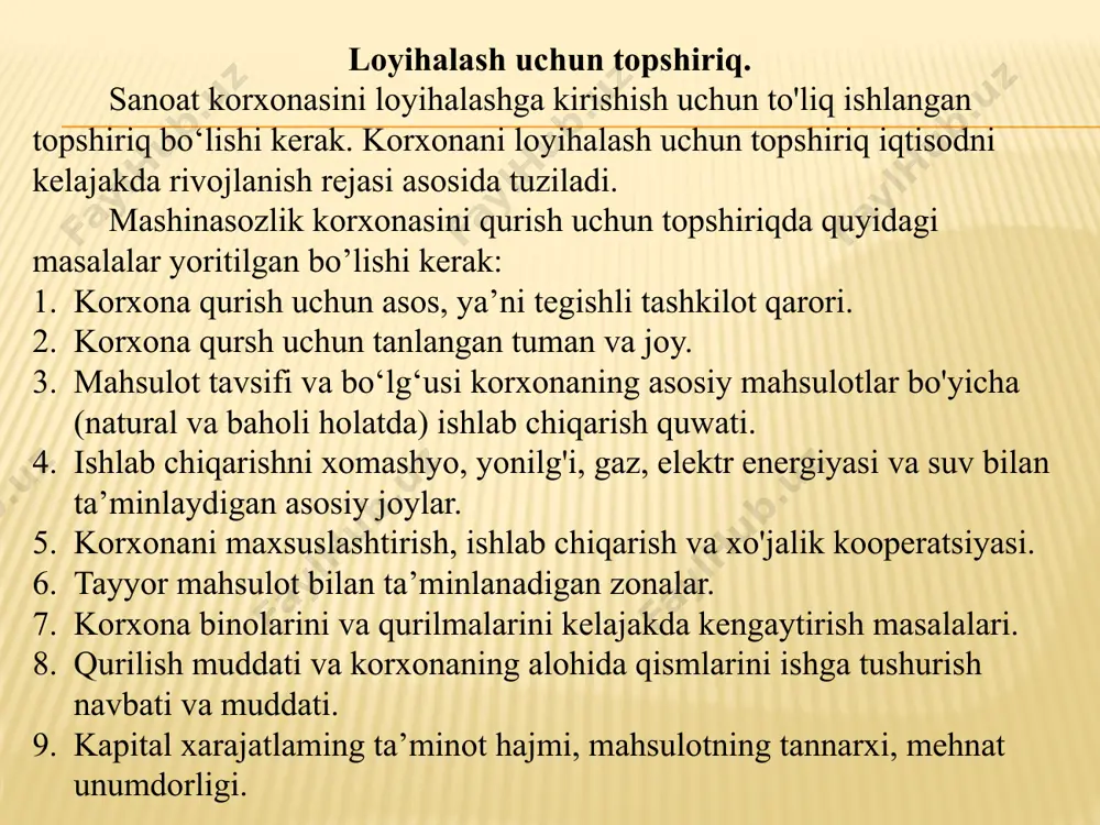 ichlari. texnologik qism: korxona bo'yicha: ishlab chiqariladigan mahsulot nomenklaturasi va tavsifi, ishlab chiqarish dasturi, korxonaning ishlab chiqarish tarkibi, ishlab chiqarish sxemasi; texnik yechimlami, yangi texnologik jarayonni asoslash va tavsifi, ulaming taqqoslash; asosiy materiallar, yoqilg'i, elektr energiyasiga bo'lgan ehtiyoji hamda ma’lumotlar; elektroenergiyasi, issiqlik, gaz, qisilgan havo va energiyani boshqa turlari bilan ta’minlash haqidagi qabul qilingan yechimlar, kadrlarga bo'lgan ehtiyoj hamda qo'llanilgan an’anaviy loyihalarning ro'yxati va pasporti. qurilish qismi: asosiy bino va qurilmalaming sxemali rejasi, ulaming qisqacha tavsifi; korxonada ishlovchilarga maishiy xizmat ko‘rsatish bo'yicha qabul qilingan yechimlar bayoni; suv va oqova suvlarga bo'lgan ehtiyoj hisobi; oqova suvlarni tashlash joylari va ulami tozalash usullari; suv bilan ta’minlash, kanalizatsiya va asosiy qurilmalaming sxemasi; isitish uchun zarur bo'lgan issiqlik va energiya xarajati. sanitar-texnik va ishlab chiqarishni suv bilan ta'minjash qismida suv bilan ta’minlash manbalarining mavjudligi, ishlab chiqarish kanalizatsiyasi, sex ichidagi sanitar-texnik qurilmalar hamda boshqa inshoot va qurilmalaming mavjudligi ko'rsatiladi. energetika qismida quyidagi ko'rsatkichlar, ya’ni elektr …