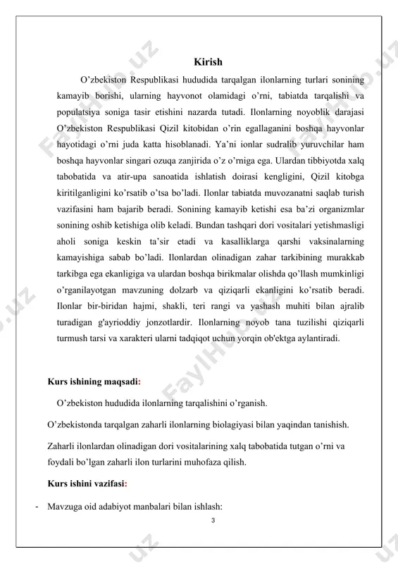 g avvalo yosh avlodning dunyo qarashini ularning ijtimoiy faoliyatini oshirish bilan bir qatorda malakali kadrlarga bo’lgan ta’labni samarali qondirishdan iboratdir. shunday ekan bugungi kunda yuksak ma’naviyatli, mustaqil fikrlaydigan, ilm-fan yutuqlarini puxta o’zlashtirgan yigit-qizlarni voyaga yetkazish, yurtimizda amalga oshirilayotgan keng ko’lamli isloxotlardan oqilona va ongli foydalangan holda biz yoshlarga berilayotan yuksak ishonchni albatta oqlaymiz! i bob. . ilonlar turkumi vakillari haqida umumiy ma’lumot ilonlar turkimi- serpentes ilonlar o’ziga xos tana tuzilishiga ega bo’lgan, o’lachami 20 sm dan 10 m gacha yetadigan hayvondir. 2700 ga yaqin turi ma’lum. tanasi har-xil yug’onlikda bo’lgan uzun cho’zilgan. dumi hamisha tanasidan kalta. oyog’i bo’lmaydi. o’ziga xos ajoyib harakatlanish usuli, hatti-harakatlari, zahar tishlari va harakatsiz tik qarab turishi haqida qanchadan-qancha ertak va afsonalar to’qilgan. ilonlar kaltakesaklardan 30 xil belgilar bilan farq qiladi. umumiy bir turkumga kirsada: eng asosiysi pastki jag’ining tuzilishi xususiyatidir. ilonlarning tanasi mugursimon qolgan va tangachalar bilan qoplangan. asosiy sezgi organi – yakobson organi bilan …