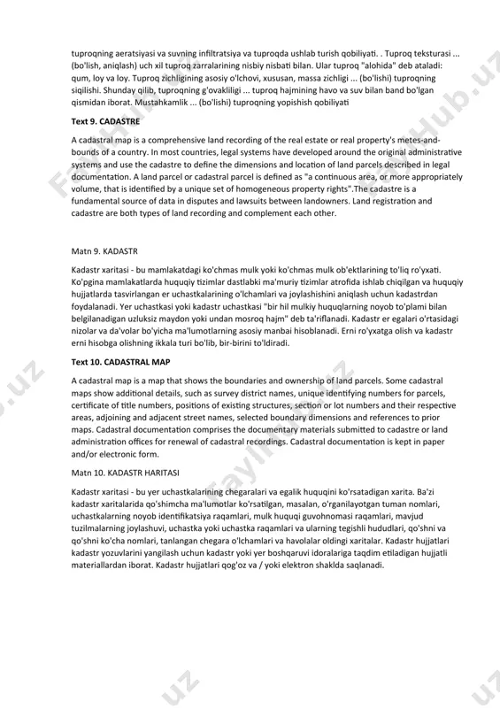 soil, nutrients, plants and animals. land use information can be used to develop solutions for natural resource management issues such as salinity and water quality. for instance, water bodies in a region that has been deforested or having erosion will have different water quality than those in areas that are forested. forest gardening, a plant-based food production system, is believed to be the oldest form of land use in the world. more recent significant effects of land use include urban sprawl, soil erosion, soil degradation, salinization, and desertification matn 6. yerdan foydalanish: muhit erdan foydalanish va yerni boshqarish amaliyoti tabiiy resurslarga, jumladan, suv, tuproq, ozuqa moddalari, o'simliklar va hayvonlarga katta ta'sir ko'rsatadi. erdan foydalanish ma'lumotlaridan sho'rlanish va suv sifati kabi tabiiy resurslarni boshqarish masalalari yechimlarini ishlab chiqishda foydalanish mumkin. misol uchun, o'rmonlar kesilgan yoki eroziyaga uchragan hududdagi suv havzalari o'rmonli hududlardagidan farq qiladi. o'rmon bog'dorchiligi, o'simlikka asoslangan oziq-ovqat ishlab chiqarish …