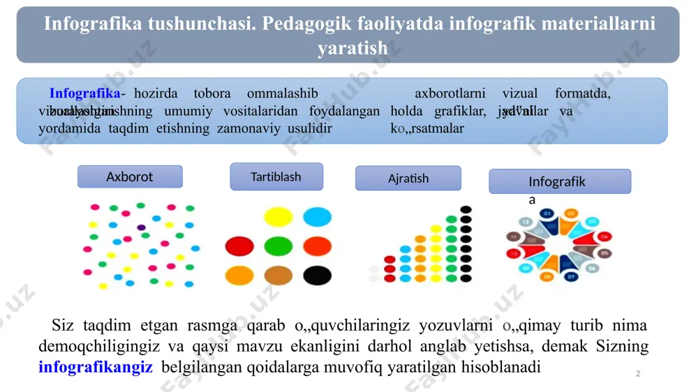 damida yaratish imkoniyatini beruvchi uskunalar paneliga egadir dastur interfeysi qulay va sodda. funksiyalarni bajarish oson va tushunarli 4 edraw max dastur interfeysi 5 dastur ishga tushirilganda dasturning yo‟nalish sohalari va grafik ko‟rinishidagi axborotlarni namoyish etadi. edraw max 9.2 dasturi 24 yo‘nalish bo„yicha o„zida grafik shablon materiallarni mujassamlashtirgan 6 basic diagram - bu yo„nalishda barcha fanlardan didaktik tarqatma va infografik material sifatida foydalanish mumkin. 7 business diagram yo„nalishdan darslarda foydalaniladigan “baliq skleti”, “klaster” va boshqa metodlarni grafik tarqatma materiallar ko‟rinishida tasvirlashda qo„llash tavsiya etiladi 8 graphic organizer – barcha fan o‟qituvchilari darslarda foydalanadigan venn diagrammasi, t-sxema, charxpalak, tushunchalar tahlili va boshqa metodlarning grafiklarini hosil qilishda foydalanish mumkin. 9 science (fanlar) yonalishi: aniq va tabiiy fanlarga oid jarayonlarni tasvirlash uchun juda qulay shablonlarni taqdim etadi 10 namunalar 11 mediasavodxonlik media» — lotincha «media» so‘zidan olingan bo‘lib, «vosita», «vositachi» yanada aniqrog‘i, «ommaviy axborot vositalari» degan ma’noni anglatadi. dastlabki media — yozuv elektron media …