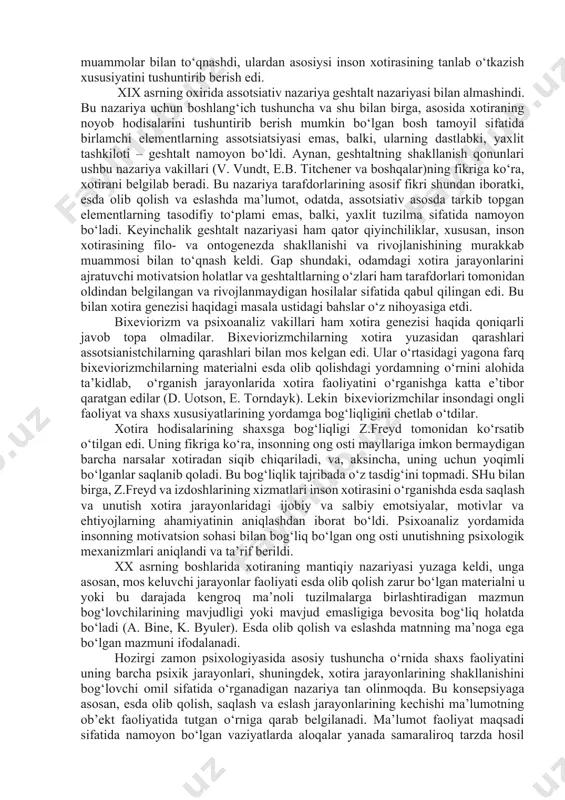 pirish, uyimizni topib kelish va oziq-ovqat va suv topish imkonini beradigan jarayon, bizning xotira hisoblanadi. u tajribalarimizdan bahramand bo‘lishga,tajribalarni xayotga tatbiq qilishga va yana qayta undan zavq olishga imkon beradigan jarayon albatta bizning xotira hisoblanadi kimlarningdir yomonliklarini unutishimizga qarshilik ko‘rsatadigan xam bizning xotiralar hisoblanadi. sizning esda olib qolganingizjuda katta rol o‘ynaydi. sizning to‘plagan bilim omboringiz, o‘tgan quvonch, g‘azab tufayli alamli xotiralar, yoki aybdorlik xisi xotira jarayonisiz mavjud bo‘lmagan bo‘lar edi. memory be thankful for memory. we take it for granted, except when it mal-func¬tions. but it is our memory that ac¬counts for time and defines our life. it is our memory that enables us to recognize family, speak our language, find our way home, and locate food and water. it is our memory that enables us to enjoy an experience and then mentally replay and enjoy it again. and it is our memories that occasionally pit us against those whose …