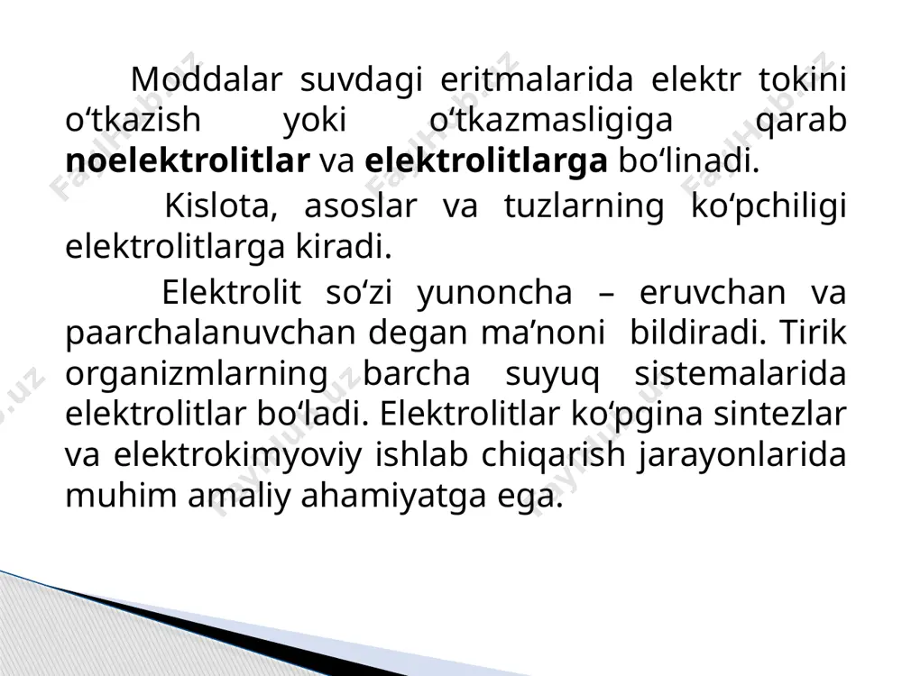 ari mavjud bo’lishini isbotlaydi. [h+] = ks/[oh-] = 10-14/[oh-] suvning dissosilanishi va ion ko’paytmasi. vodorod ionlarining teskari ishora bilan olingan o’nli logarifmi vodorod ko’rsatgich ph deyiladi. vodorod ko’rsatgich ph tushunchasini 1909 yilda daniyalik kimyogar syorensen fanga kiritgan. p – “potens” so’zining bosh harfi, u daniyacha matematik daraja degan ma’noni beradi. vodorod ko’rsatgich 6 ph ph = 7 neytral [h+] = 10-7 mol/l ph> 7 ishqoriy [h+] 10-7 mol/l vodorod ionlari konsentrasiyasi ph va eritma muhiti orasidagi bog’liqlik grafigi. [h+] eritmalar muhitining indikatorlarga ta’siri 0 1 2 3 4 5 6 7 8 9 10 11 12 13 14 qizil pushti ko’k binafsha zarg’aldoq sariq rangsiz rangsiz malina rang lakmus fenolftalein мetiloranj рн = 7 рн> 7 рн < 7 tuzlar gidrolizi tuzlar gidrolizi kation bo’yicha anion bo’yicha ham kation, ham anion bo’yicha birgalikda tuz molekulalarining suv ta’sirida boshqa moddalarga aylanish jarayoni tuzlar gidrolizi deyiladi. tuzlar tarkibiga qarab to’rt xil bo’ladi: …