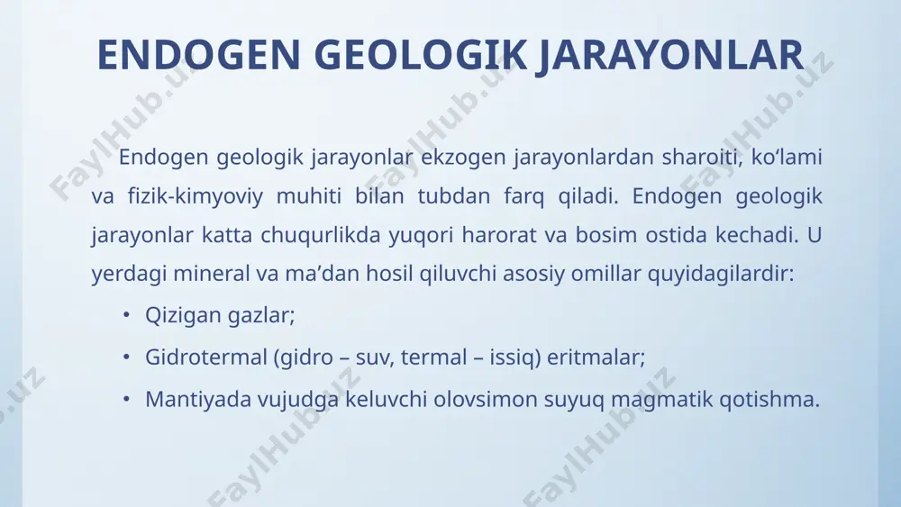 vulkanlar. bundan tashqari o’ziga xos xususiyatlariga ko’ra ham vulkanlar yoriqli, gavay, stromboli, vulkano, etno-vezuvian, mon-pele, katmay, krakatau, bandaysan kabi tiplarga ajratiladi. vulkanizm 4-rasm. islandiyadagi stokkur geyzeri. yer yuzasiga kuchli bosim ostida davriy ravishda qaynoq suv va suv bug’larini otib turuvchi buloqlar “geyzerlar” deb ataladi (4-rasm). geyzerlar suvi odatda kuchsiz mineral- lashgan bo’ladi. ular tarkibida har 1 m hisobida 1,5-2 g natriy, kalsiy, magniy va suvli kremnezem bo’ladi. tektonik harakatlar yer po’stidagi barcha tabiiy harakatlar tektonik harakatlar deb ataladi. ular umumiy harakat qilish yo’nalishiga ko’ra vertikal va gorizontal, tezligi bo’yicha bir maromda va keskin, vaqt bo’yicha ohista va tez, davomiyligi bo’yicha esa doimiy va davriy kabi turlarga bo’linadi. tektonik harakatning asosiy sabablari bo’lib: yer qa’rida kechadigan radioaktiv parchalanish energiyasi; yerning gravitatsiya energiyasi; quyoshning va oyning tortish kuchi; yerning o’z o’qi va quyosh atrofida aylanishi hisoblanadi. zilzilalar yer po’sti ayrim qismlarining to’satdan silkinishi “zilzila” deb ataladi. zilzilalar “seysmik hodisa” deb ham ataladi. …