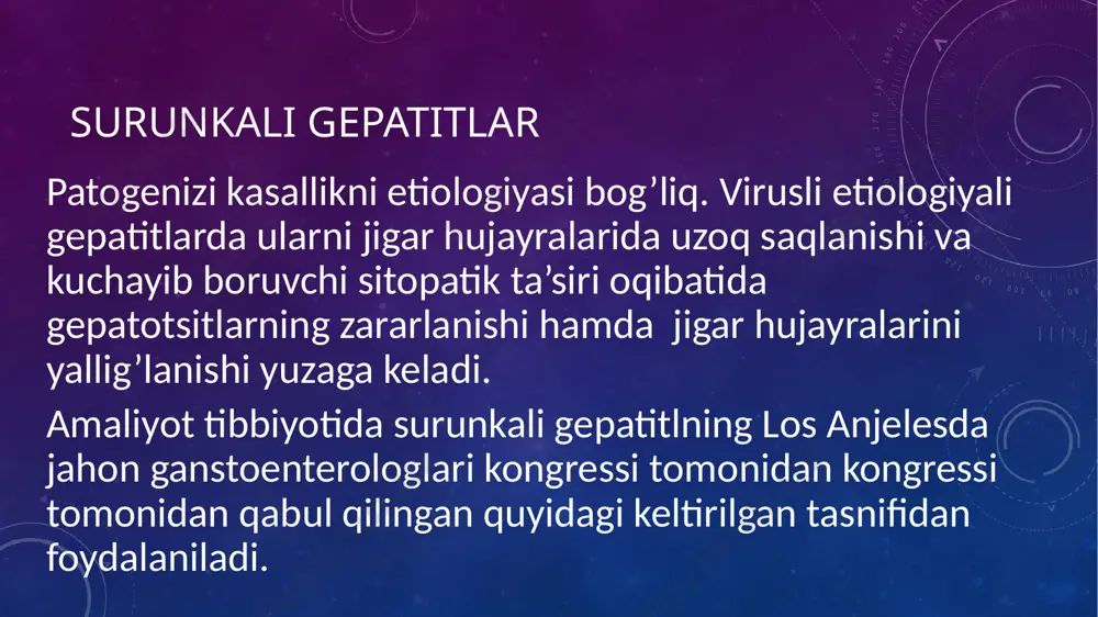 lik, qo’zg’aluvchalik,xotira va atrof muhitga qiziqishni pasayishi kuzatiladi; surunkali gepatit dispeptik sindrom.aksariyat hollarda xolestatik bemorlarda kuzatilib ishtahaning pasayishi, ta’m bilish buzilish,meteorizm,og’iz achchiq ta’m kelishi, o’ng qivurg’a ostida simmilovchi og’riq va og’irlik hissi, kekirish, qayt qilish, ko’p hollarda ichning suyuq kelishi kabi sindromlar kuzatiladi. xolestatik sindrom.ushbu sindrom uchun siydik rangining- to’q , najasning- och rangga kirishi, shilliq pardalar va tetini sarg’ayishi xos; surunkali gepatit jigar yetishmivchiligida. 80 % bemorlarda uni faoliyati tranzitor buzilishi (oqsil hosil qilish va aldestron inaktivatsiyasi) va oqibatda sariqlik hamda shish rivojlanishi. shu o’rinda aytib o’tish keraki faol surunkali gepatit boshqa shakllariga qaraganda farq qilishini,va yaqqol shikoyatlar hamda obyektiv belgilari kuzatilishi ta’kidlash lozim. gepatitni ushbu shakliga chalinga bemorda holsizlik, ko’p terlash, ozib ketish, teri qichishi,sariqlik va burundan qon ketish, ko’ngil aynishi kabi belgilar kuziladi. surunkali gepatit laborator-asbobiy tekshirishlardagi o’zgarishlar gepatitlarning klinik shakli, faolik darajasi bilan uzvi bog’liq. qoning umumiy tahlilda quyidagi o’zgarishlar o’rganiladi. kamqonlik, leykopeniya, trombositopeniya va echt …