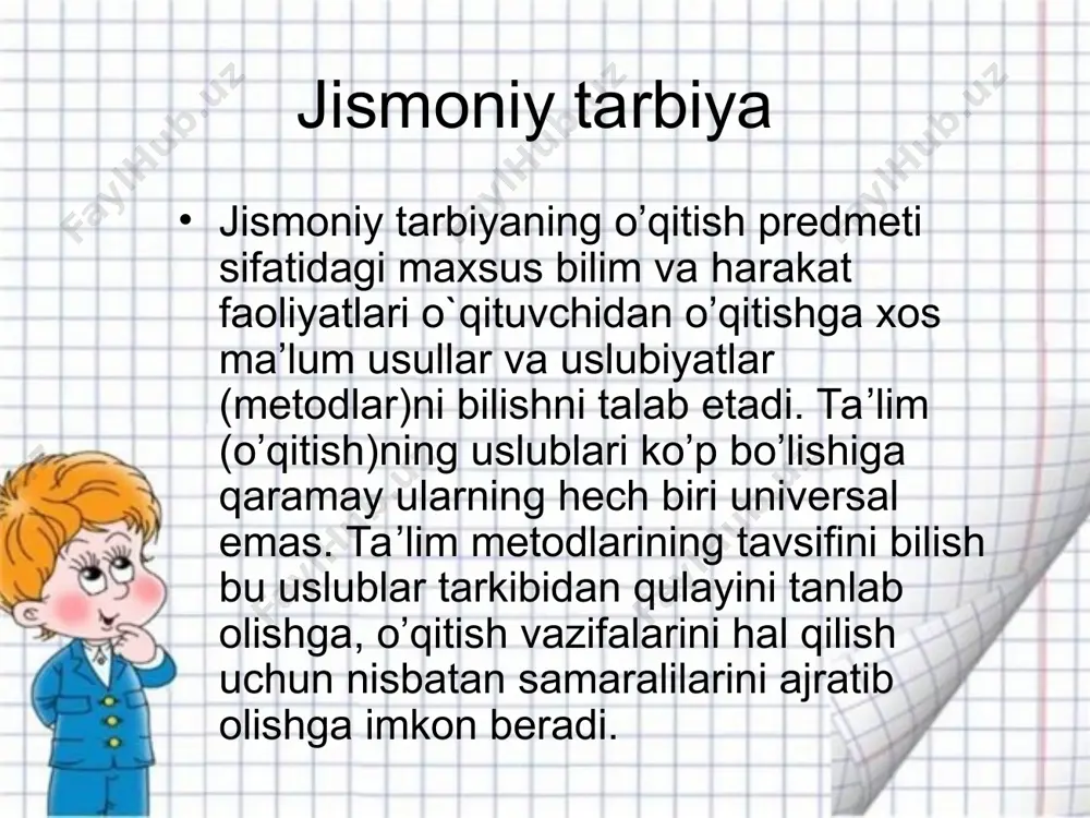 akat jarayonini xis qiladi. ishga ikkala signal sistemasi jalb qilinadi. xarakat faoliyatini o’qitishda amaliy metodlar muhim axamiyat kasb etadi. birinchi ikki poydevor ko’rsa, uni ko’rib bitirish - ya’ni xarakat faoliyatining ijrosi u yoki bu usul orqali amalga oshiriladi. jismoniy tarbiya darslarining samarali bo’lishi uning uslubiy qonun-qoidalarini bilishga va ularga muntazam amal qilishga bog’liqdir. jismoniy ta’lim va tarbiyaning asosiy maqsadi barkamol avlodni sog’lom, baquvvat, vatan shon-shuhratini dunyoga yoyuvchi, zarur bo’lganda jonni garovga qo’yib uni himoya qiladigan, halol mehnat bilan hayot kechiradigan kishilarni tarbiyalab yetishtirishdan iboratdir. jismoniy tarbiya mashg’ulotlarida va sport musobahalarida psixologik tayyorgarlik judda katta rol o’ynaydi. eng avvalo xarakterni shakllantirish, irodaviy sifatlarni mustahkamlash, psixik jarayonlarni takomillashtirish jismoniy tarbiya mashg’ulotlarini samaradorligini belgilaydi. g’alabaga bo’lgan ishonch, o’z-o’ziga ta’sir etish, ustanovkalar qo’yish, diqqatni jamlash, aqliy faollik jismoniy mashg’ulotning natijasini eng yuqori bo’lishini ta’minlaydi.
