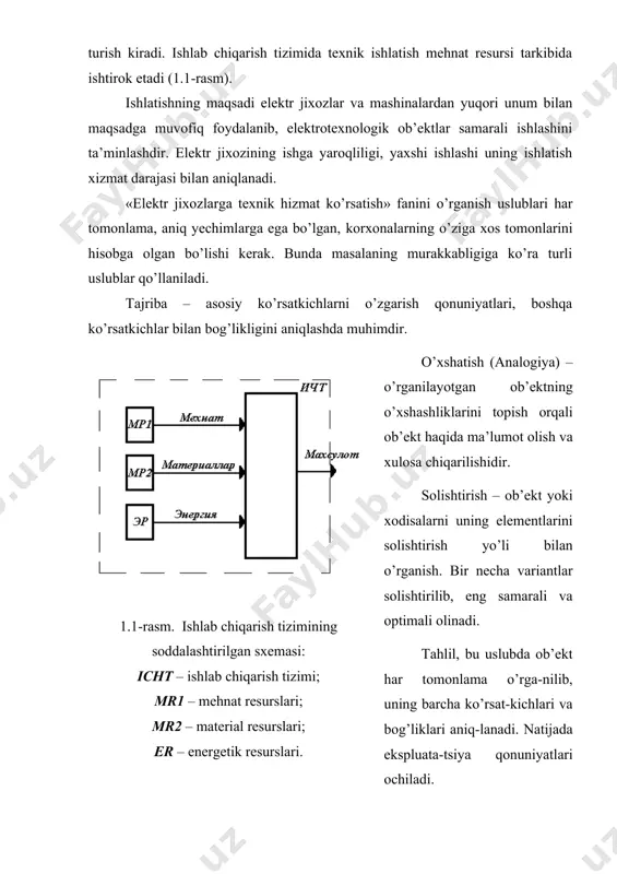 uqori sifatli mahsulot olishda elektrotexnik xizmatning roli katta bo’ladi. sistemali yondoshishda yechimni topish algoritmi tuziladi. bu algoritm quyidagi bosqichlarni o’z ichiga oladi. 1- bosqich. fanni o’rganishdan maqsad va vazifalarini shakllantirish. 2- bosqich. o’rganish ob’ektlarini ajratish, uni chegaralarini belgilash, ob’ektni o’rganish masalalarini asoslash. 3- bosqich. o’rganish masalasini, uning omillarini aniqlash, birlamchi va natijaviy ma’lumotlarni belgilash, ob’ekt modelini tuzish. 4- bosqich. maqsadga erishish uslublarini topish. shu uslublar bilan yechimlarni topish. 5- bosqich. yakuniy natijalarni va yechimlarni birlamchi ma’lumotlar asosida topish va xulosalar qilish. elektr jixozlar ishlatilishining asosiy vazifasi texnologik mashinalarni samarali ishlashini ta’minlovchi elektr jixozlarni yuqori ishonchli ishlashini tashkil qilishdan iboratdir. bu yerda quyidagilarni ajratib ko’rsatish mumkin: - elektr jixozlarni zarur ishonchliligini ta’minlash; - elektr jixozlaridan samarali foydalanishni ta’minlash; - ishlatish xarajatlarini kamaytirish. 1.2-rasm. m-e-t-x tizimining umumiylashtirilgan sxemasi: m – manbaa; e – elektr iste’molchi; t – texnologik ob’ekt; x – ishlatish xizmati; eu – elektr o’zgartkich; ei – elektr iste’molchi; et …