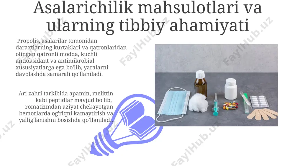 shga qarshi va og'riq qoldiruvchi ta'sirga ega bo'lib, ularning samaradorligi 80% gacha yetishi mumkin. hasharotlar va ularning tibbiy ahamiyati hasharotlardan olingan 200 dan ortiq turdagi bioaktiv moddalar, masalan, antibiotiklar, ogʻriq qoldiruvchi va yalligʻlanishga qarshi vositalarni yaratishda qoʻllanilmoqda. ba'zi hasharotlar, masalan, chivin lichinkalari, yaralarni davolashda ishlatiladigan fermentlar va oqsillar manbai hisoblanadi, ular toʻqimalarning tez tiklanishiga yordam beradi. hayvonlardan olingan immunomodulyatorlar hayvonlardan olingan ba'zi immunomodulyatorlar, masalan, igg antikorlari, 90% gacha samaradorlik ko'rsatkichiga ega bo'lib, turli infektsiyalarga qarshi himoya ta'minlaydi. sigir sutining tarkibida mavjud bo'lgan laktoferrin, 20 dan ortiq tadqiqotlarga ko'ra, kuchli immunomodulyator ta'sir ko'rsatib, immunitet tizimini mustahkamlaydi. sudralib yuruvchilar va amfibiyalar: tibbiyotdagi foydasi 01 02 qurtlarning ayrim turlaridan olingan ekstraktlar, yallig'lanishga qarshi xususiyatlarga ega va revmatik kasalliklarni davolashda potentsial foydalanish imkoniyatlarini namoyon etadi. sales 1st qtr 2nd qtr 100 0 sales 1st qtr 2nd qtr 100 0 e'tiboringiz uchun rahmat @taqdimot_robot image4.jpg image5.jpg image6.jpg image7.jpg image8.jpg image9.jpg image10.jpg image11.jpg image12.jpg image13.jpg image14.jpg …