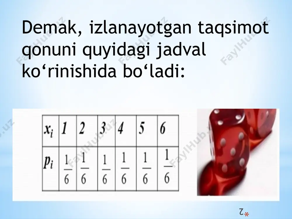 muqavalangan darsliklar sonidan iborat tasodifiy miqdorning taqsimot qonunini, matematik kutilishi va dispersiyasini toping. 1.6.6. do'konga jo'natilgan 1000 ta idishdagi madanli suvning yo'lda shikastlanishi ehtimoli 0,002 ga teng. madanli suvning yo'lda shikastlanishlari sonidan iborat tasodifiy miqdorning taqsimot qonunini, matematik kutilishi va dispersiyasini toping. 1.6.7. bitta o'q uzishda o'qning nishonga tegishi ehtimoli 0,01 ga teng. 200 ta otilgan o'qning nishonga tegishlari sonidan iborat tasodifiy miqdorning sonli xarakteristikalarini va kamida 5 ta va ko'pi bilan 10 ta o'qning nishonga tegishi ehtimolini toping. 1.6.8. bankka keluvchi mijozlar soni puasson taqsimotiga bo'ysunadi va o'rta hisobda bir daqiqada bankka 5 ta mijoz kiradi. 1) navbatdagi bir daqiqada bankka bitta mijoz kirishi; 2) navbatdagi bir daqiqada bankka kamida uchta mijoz kirishi ehtimolini toping. 1.6.9. nishonning yakson etilishi ehtimoli 0,05 ga teng. birinchi o'q tekkunicha o'q otilmoqda. otilgan o'qlar sonidan iborat tasodifiy miqdorning taqsimot qonunini, matematik kutilishini, dispersiyasini va nishoh yakson etilishi uchun 5 tadan kam bo'lmagan otishlar …