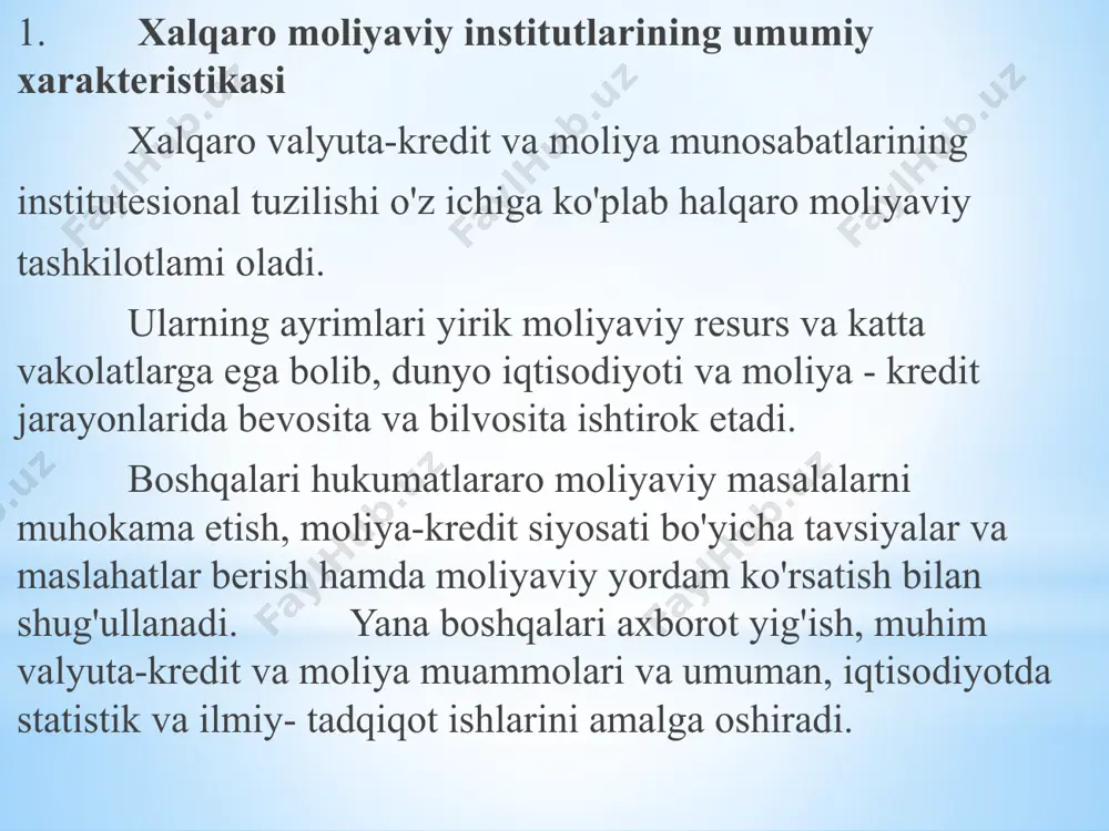 sabati bilan 1948 yilda tuzilgan yevropa iqtisodiy hamkorligi tashkiloti, keyinchalik yevropa tolov ittifoqining tashkil etilishiga yo'naltirilgan (1950-1958 yillar), 1960 yilda esa iqtisodiy hamkorlik va rivojlanish tashkilotiga (ixtr,parij) almashtirilgan. hozirda bu tashldlot o'z ichiga 32 mamlakatni oladi, uning vazifalariga - tashkilotga a’zo mamlakatarda iqtisodiy o'sishga ко‘maklashish, moliyaviy barqarorlikka qaratilgan siyosatni ishlab chiqish, xalqaro savdoni rivojlantirish, diskriminatsion qarama- qarshiliklarni cheklash, rivojlanayotgan mamlakatlarga yordam ko'rsatish kabilar kiradi ixrt ramkasida 100 ga yaqin qo‘mita faoliyat kursatadi. ularning tarkibiga noqonuniy yol bilan topilgan daromadlarni legallashtirishga qarshi kurash gruppasi (fatf) ham kiradi. bu tashkilot 1989 yilda tashkil etilgan va ixrtga a’zo mamlakatlar bilan hamkorlikda noqonuniy daromadlarni legallashtirishga qarshi kurash ishlarini amalga oshiradi. ixrtning maqsadi - erkin savdoga, yosh davlatlarning rivojlanishiga, a’zo mamlakatlarni iqtisodiy rivojlantirishga va moliyaviy barqarorlashtirishga ko‘maklashashishdir. ixrt - o‘ziga xos klub bolib, yiliga 2 marta sanoati rivojlangan mamlakatlar uchun fikrlar almashish va iqtisodiy siyosatni muvofiqlashtirish, valyuta-kredit va moliya siyosatni samaradorligini oshirish, ilmiy-tadqiqot ishlarini tashkil …
