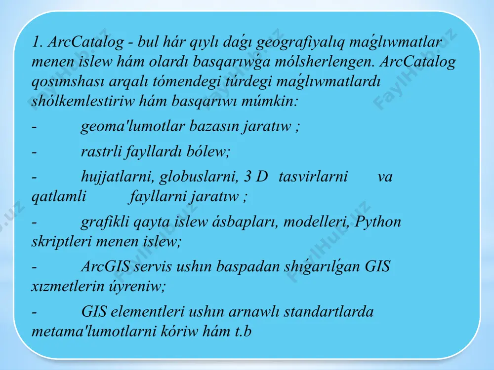 ssinde de kiritse boladı. cifrlı maǵlıwmatlar ushın “double”, súwretli maǵlıwmatlar ushın “raster”, jazıwlı ushın “text” saylanadı. qalǵan basqa temalı qatlamlar da nátiyjede jaratıladı. geografiyalıq maǵlıwmatlar (gis88) sistemasında analiz etilip, arnawlı dalaqidiruv izertlewleri usılları islep shıǵıldı. bul usıllar járdeminde suwǵarılatuǵın egintikinchilik oazislerinen sırtda, teńiz júzesinen 1100 metrden joqarı joqarılıqlarda kóshpelinchi sharbadorlarga tiyisli turaqlı (qıslaw ) hám máwsimiy (jaylaw ) qo'nalg'alarni anıqlaw ushın “arxeologik prognoz modeli” jaratıldı. bul bapta tawlıq ustrushonaning molguzar dizbesinde alıp barılǵan landshaft -arxeologik izertlewler hám gat-analizllar nátiyjesinde tawlıq tegralarda áyyemgi kóshpelinchi sharbadorlarga tiyisli máwsimiy turarjoy, qıslaw yamasa turaqlı qo'nalg'alarning qaldıqların izlep tabıw ushın arnawlı “arxeologik prognoz modeli” islep shıǵılǵanı aytnadı. juwmaq etip aytqanda, jez ásirinden orta ásirlerge shekem bolǵan dáwir dawamında orta aziya tawlıq tegralarida jasaǵan kóshpelinchi sharbadorlarning o'rnashuv qásiyetlerin cifrlı texnologiyalar (gat) jantasıwı menen analiz qılıw negizinde jańasha “arxeologik prognoz modeli” islep shıǵıldı. máwsimiy qo'nalg'alar teńiz júzesinen 1100-1800 metr joqarılıqta, jıra hám say oypatlıqlarındaǵı tegis terrasalardagi otlaq …