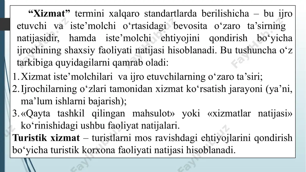 ning mavjud bo‘lmaganligi bilan turistik xizmatlarni saqlanmasligi bozor kon’yukturasini yaxshilab o‘rganishni, talab va taklifni mo‘tonosibligini talab etadi,chunki xizmatlar talab bo‘lmaganga qadar «omborlarda» turib qoladigan mahsulot emas. asosiy xizmatlar tashishni tashkil etish bo‘yicha xizmatlar; joylashtirish; turistlarni ovqatlantirish; qo`shimcha xizmatlar sayohatni (ekskursiyani) tashkil etish bo‘yicha xizmatlar; turistlarni sug‘urtalash bo‘yicha xizmatlar; gid (turistlarga izoh, tushuntirish beruvchi shaxs), gid-tarjimon xizmatlari; turistlarni yashab turgan joyidan uning vaqtinchalik kelib tushgan joyigacha -mamlakatgacha va teskari (transfer) tashish bo‘yicha, hamda sayohat shartlarida ko‘zda to‘tilgan mamlakat hududida (vaqtinchalik kelgan joyidan) istalgan boshqa tashishlar bo‘yicha xizmatlar; texnikani ta’mirlash bo‘yicha xizmatlar; prokat bo‘yicha xizmatlar; valyuta ayirboshlash; telefon xizmati; pochta xizmati; maishiy xizmat ko‘rsatish xizmatlari; plyajlardan foydalanish xizmatlari va h.k xizmat darajalari turistik klass birinchi klass lyuks klass iqtisod klassi xizmatlar paketi nima? joylashtirish-joylashgan joyi va turi, darajasi bo‘yicha turli xil mehmonxonalar; ovqatlanish-turli variantlar (to‘liq yoki to‘liq yarim pansion, yoki umuman ovqatlanishsiz) shved stoli yoki “alya kort” va x.k.; ekskursiyalar, harid-ko‘ngilochar xizmatlar; …